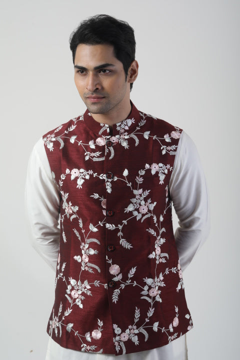 Maroon Nehru Jacket with Off-White Kurta Set