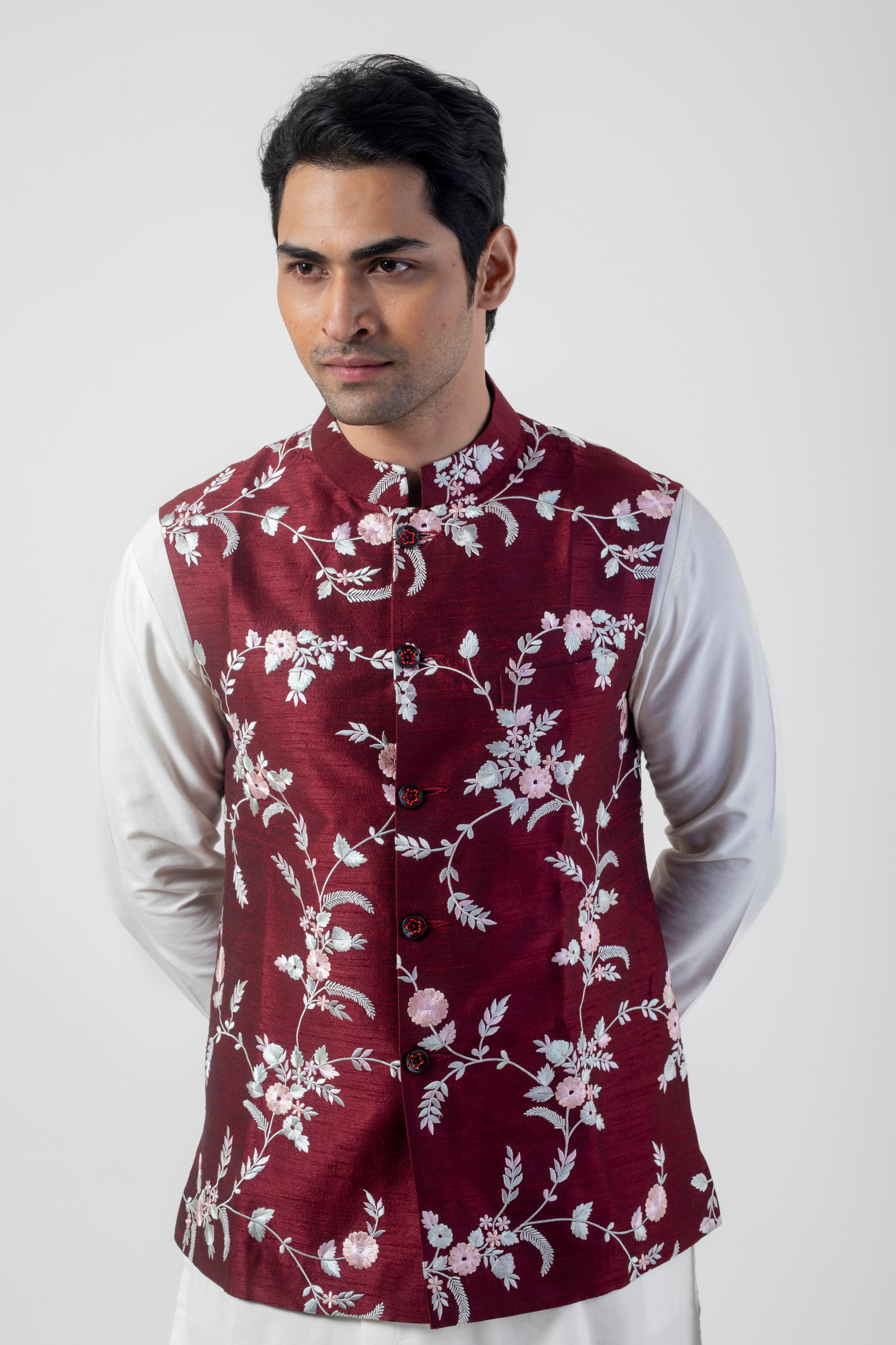 Maroon and White Designer Nehru Jacket Set with Resham Embroidery