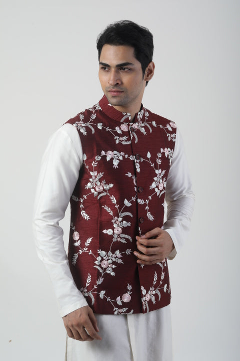 Maroon Nehru Jacket with Off-White Kurta Set
