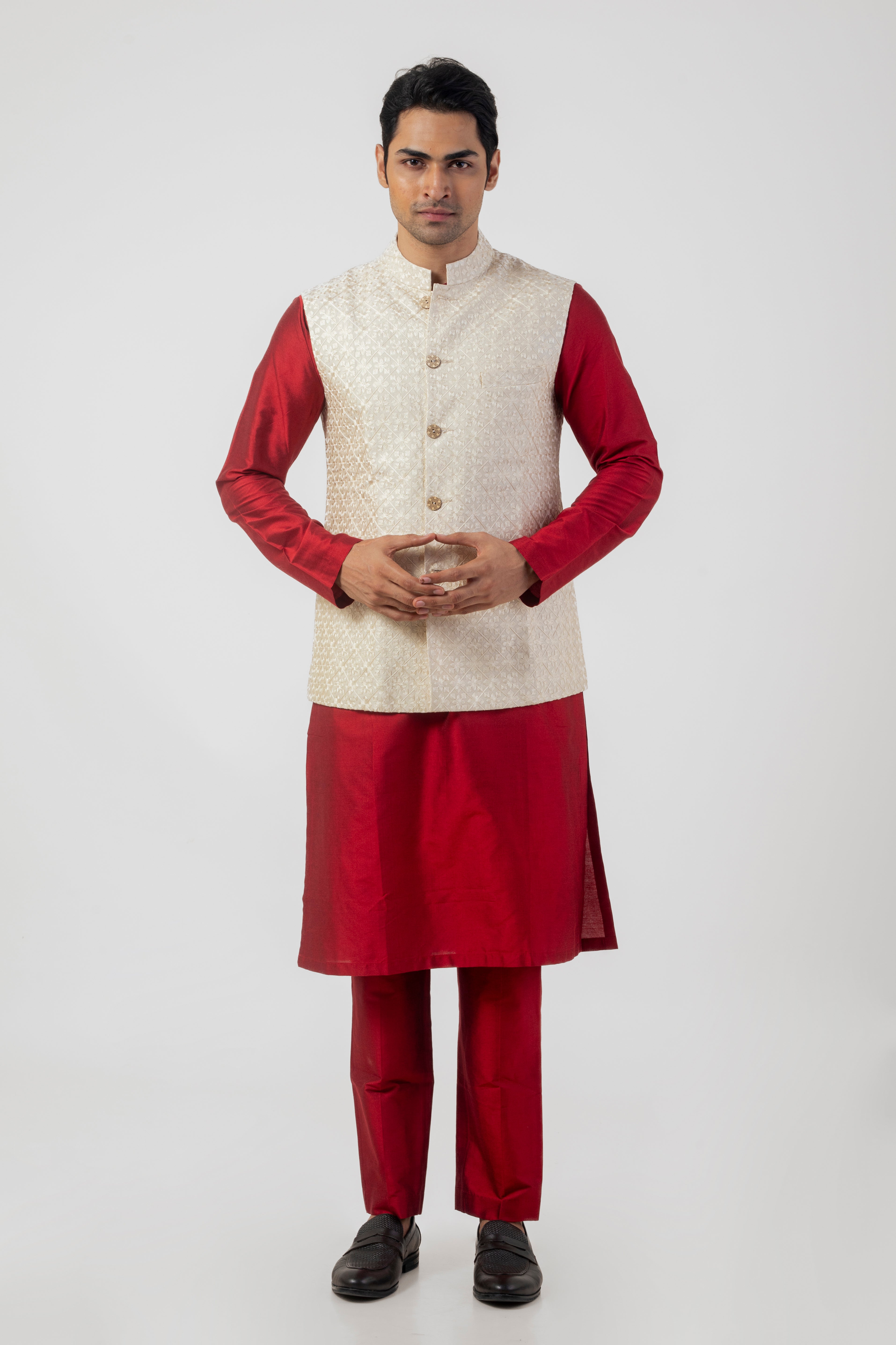 Maroon Embroidered Katan Silk Kurta Set with Nehru Jacket