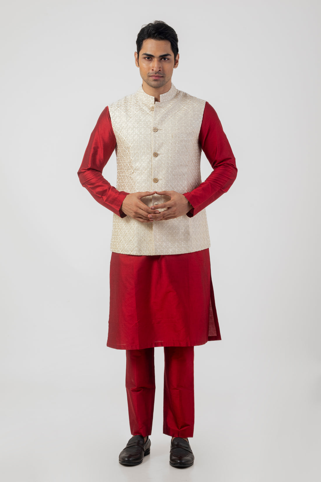 Beige and Maroon Katan Silk Embroidered Nehru Kurta Set