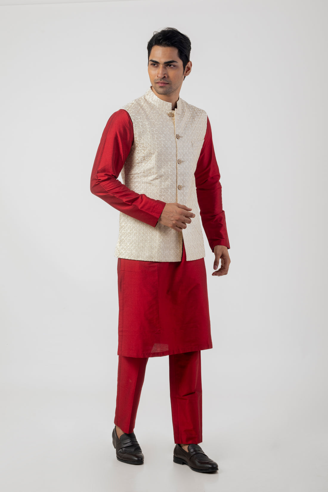 Beige Katan Silk Embroidered Nehru with Red Kurta Set