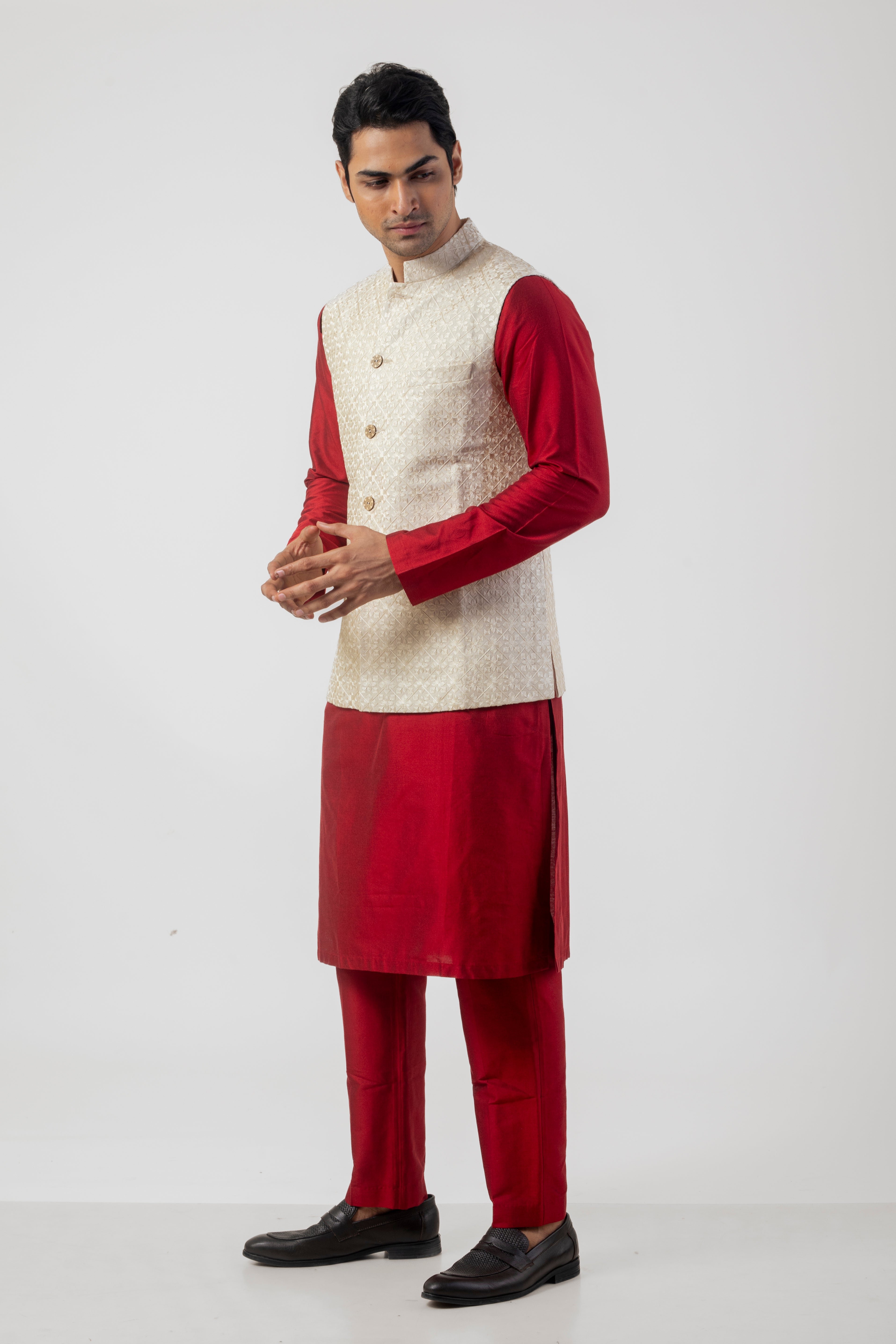 Maroon Embroidered Katan Silk Kurta Set with Nehru Jacket