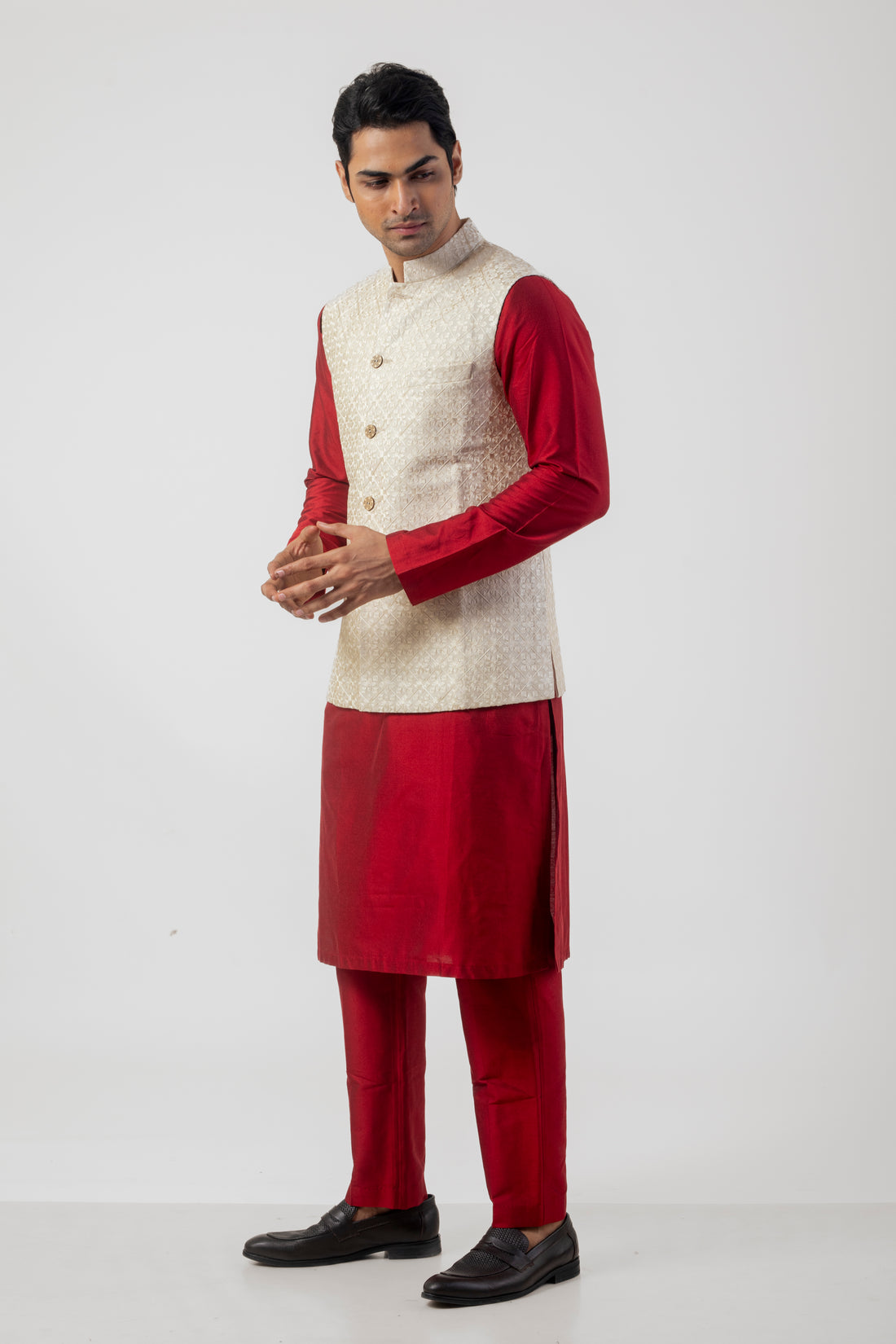 Beige and Maroon Katan Silk Embroidered Nehru Kurta Set