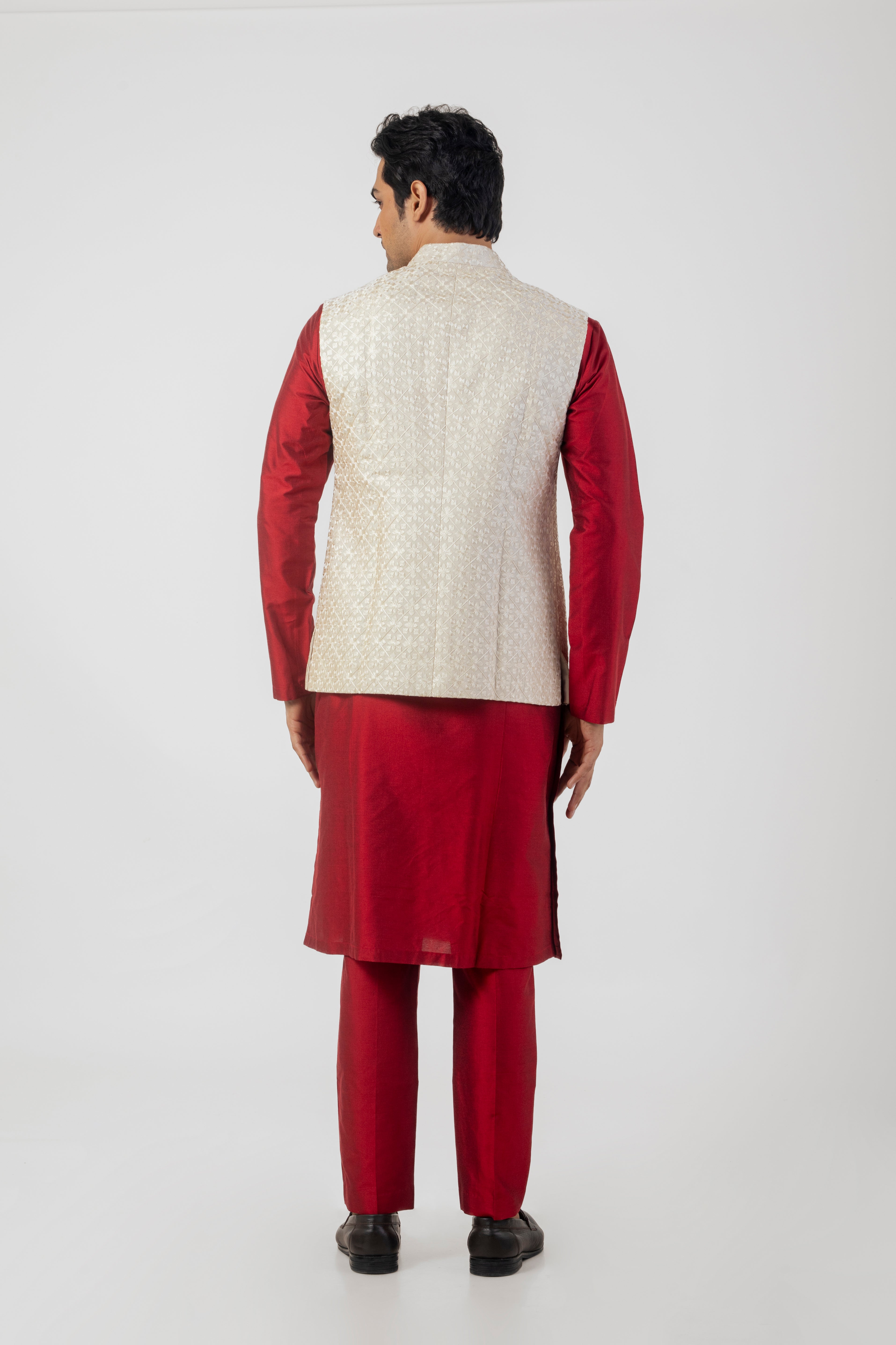 Maroon Embroidered Katan Silk Kurta Set with Nehru Jacket
