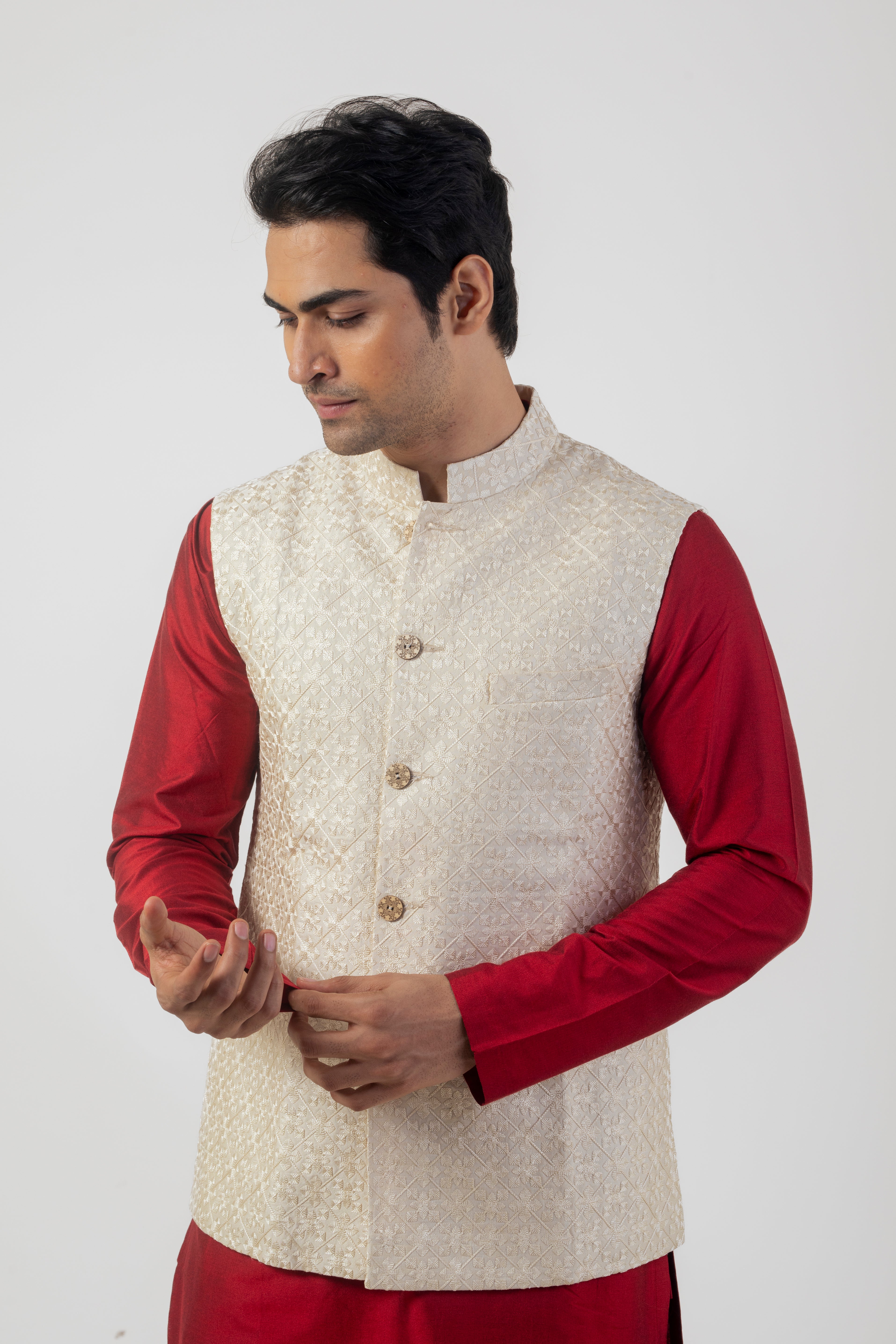 Maroon Embroidered Katan Silk Kurta Set with Nehru Jacket