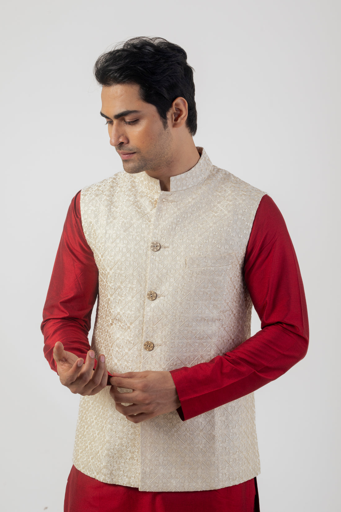 Beige and Maroon Katan Silk Embroidered Nehru Kurta Set