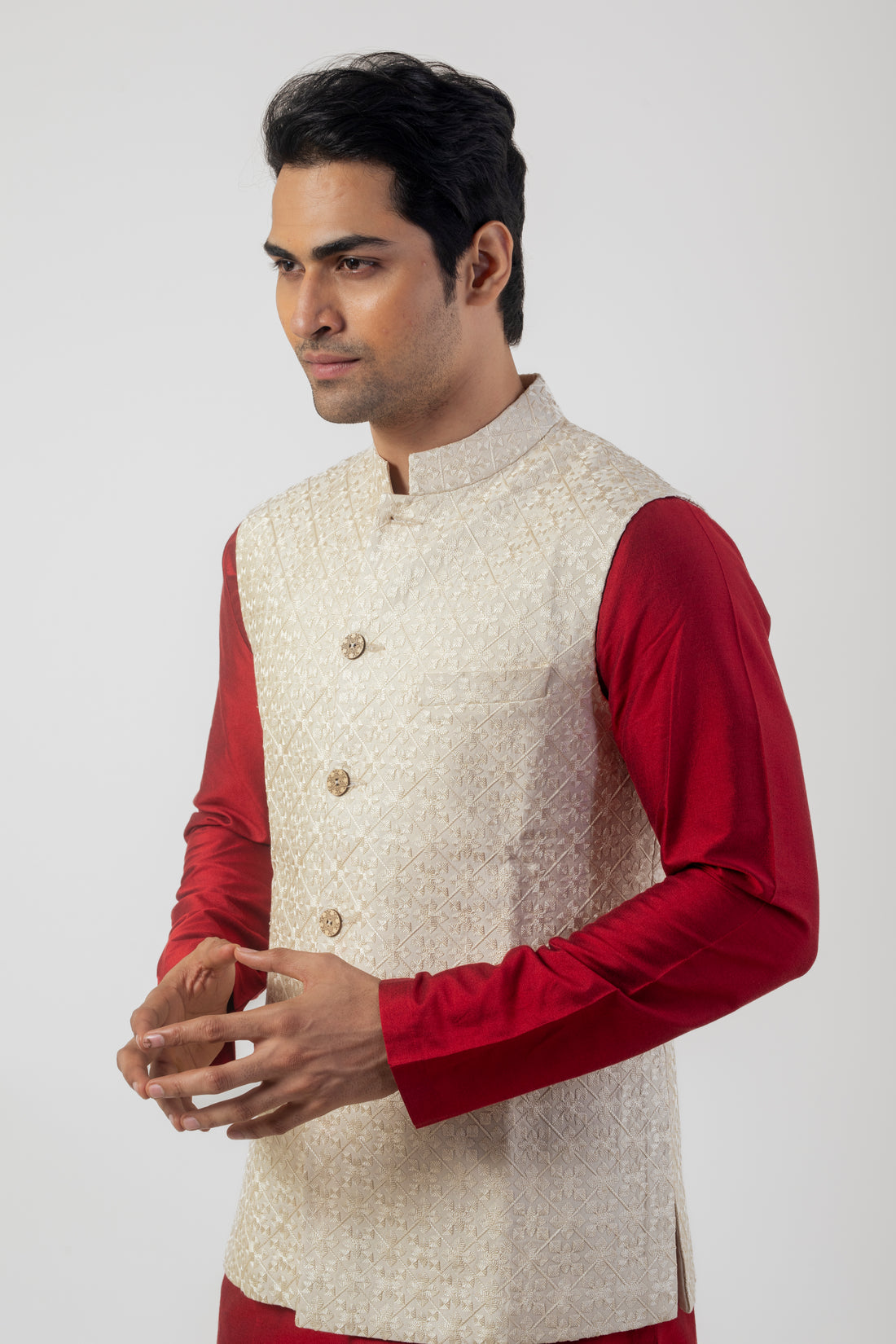 Beige Katan Silk Embroidered Nehru with Red Kurta Set