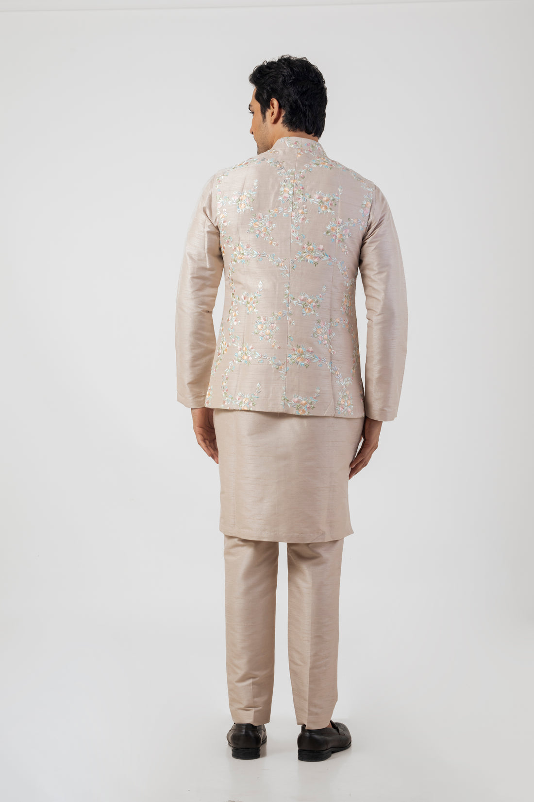 Soft Brown Resham Embroidered Kurta Pajama with Bundi