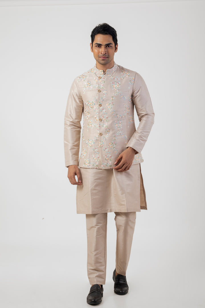 Soft Brown Resham Embroidered Kurta Pajama with Bundi