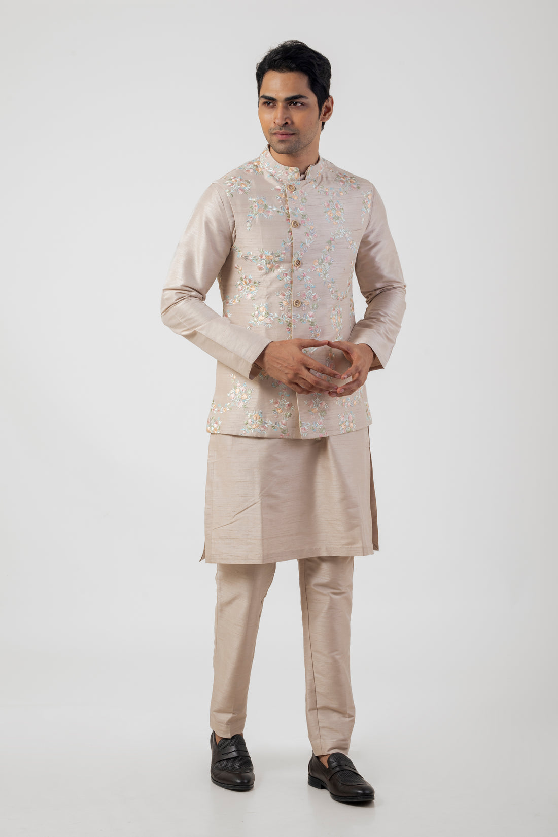 Soft Brown Resham Embroidered Nehru with kurta set