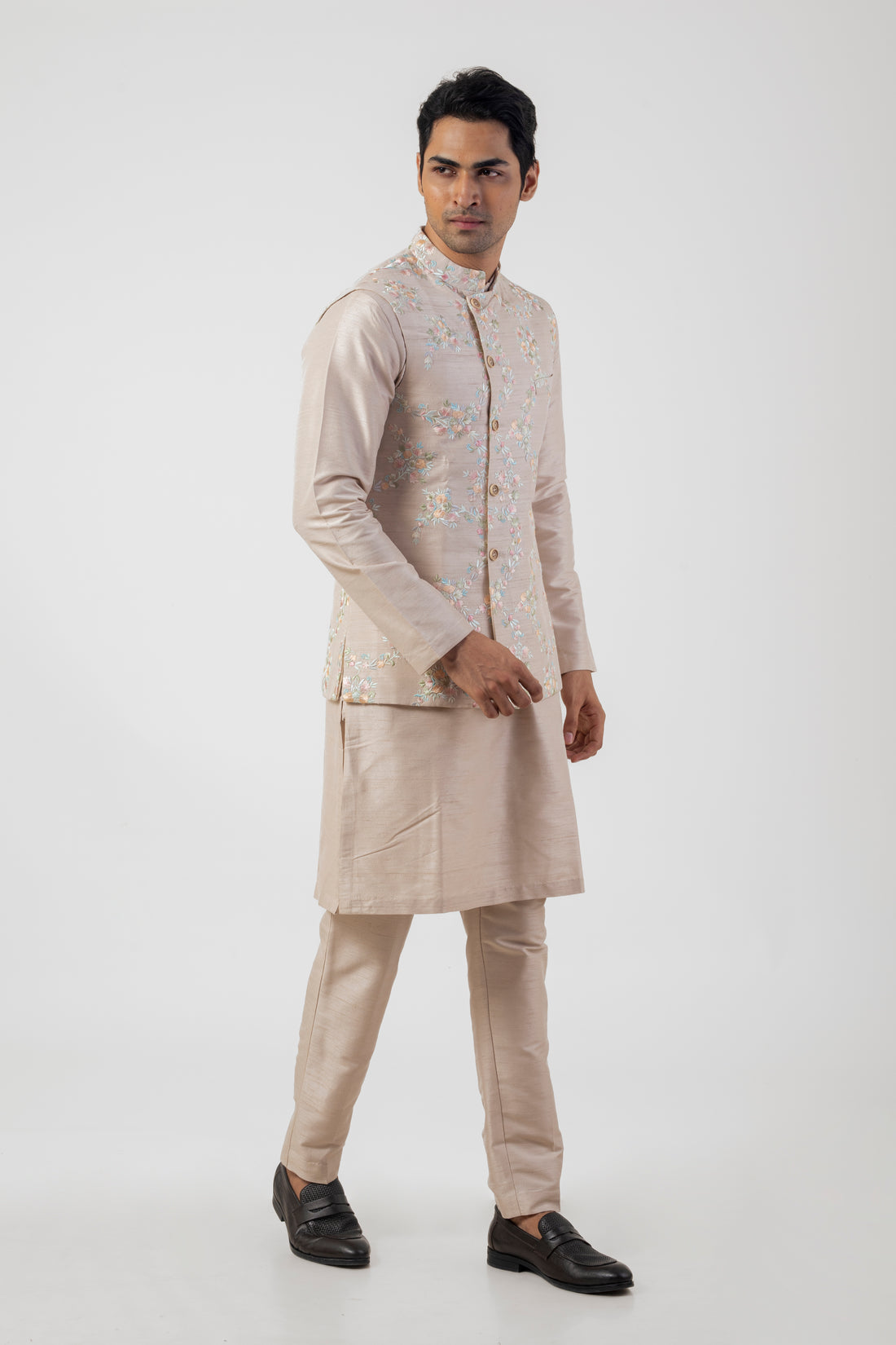 Soft Brown Resham Embroidered Nehru with kurta set