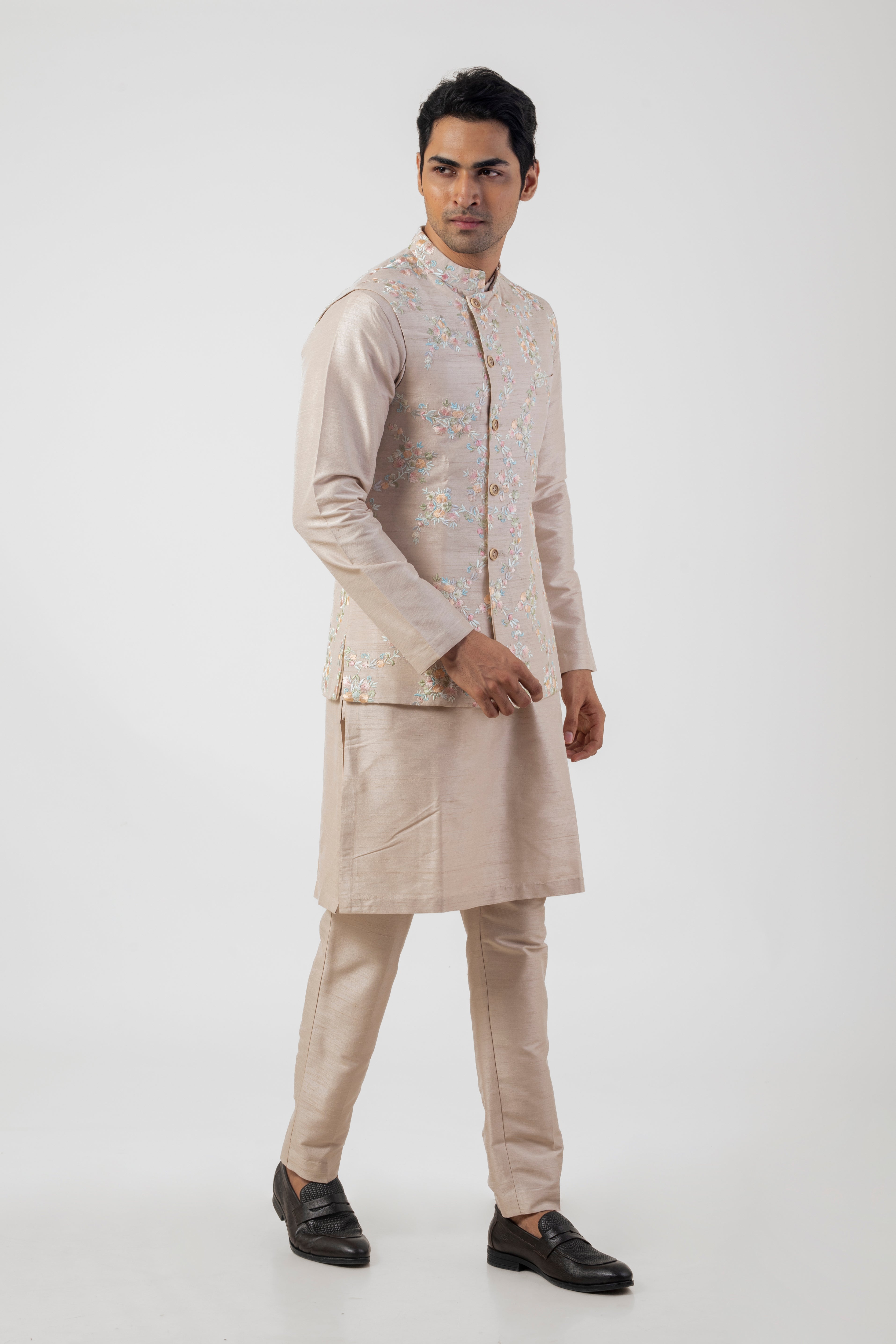 Soft Brown Resham Embroidered Kurta Pajama with Bundi