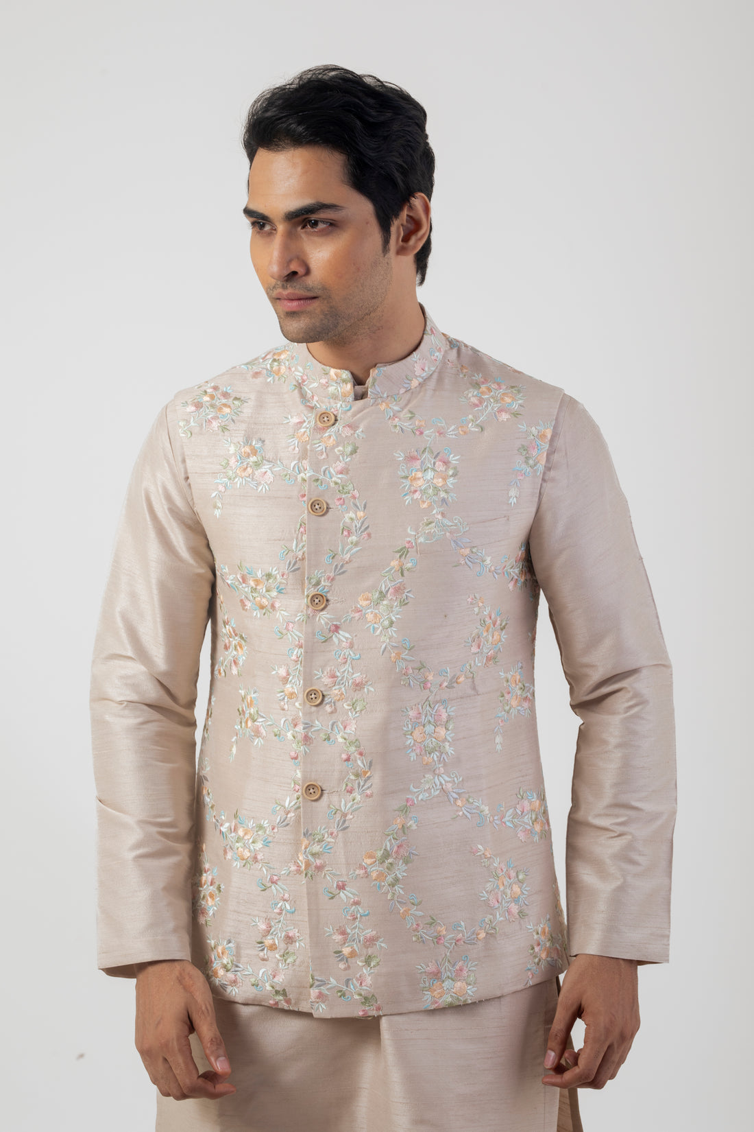 Soft Brown Resham Embroidered Nehru with kurta set