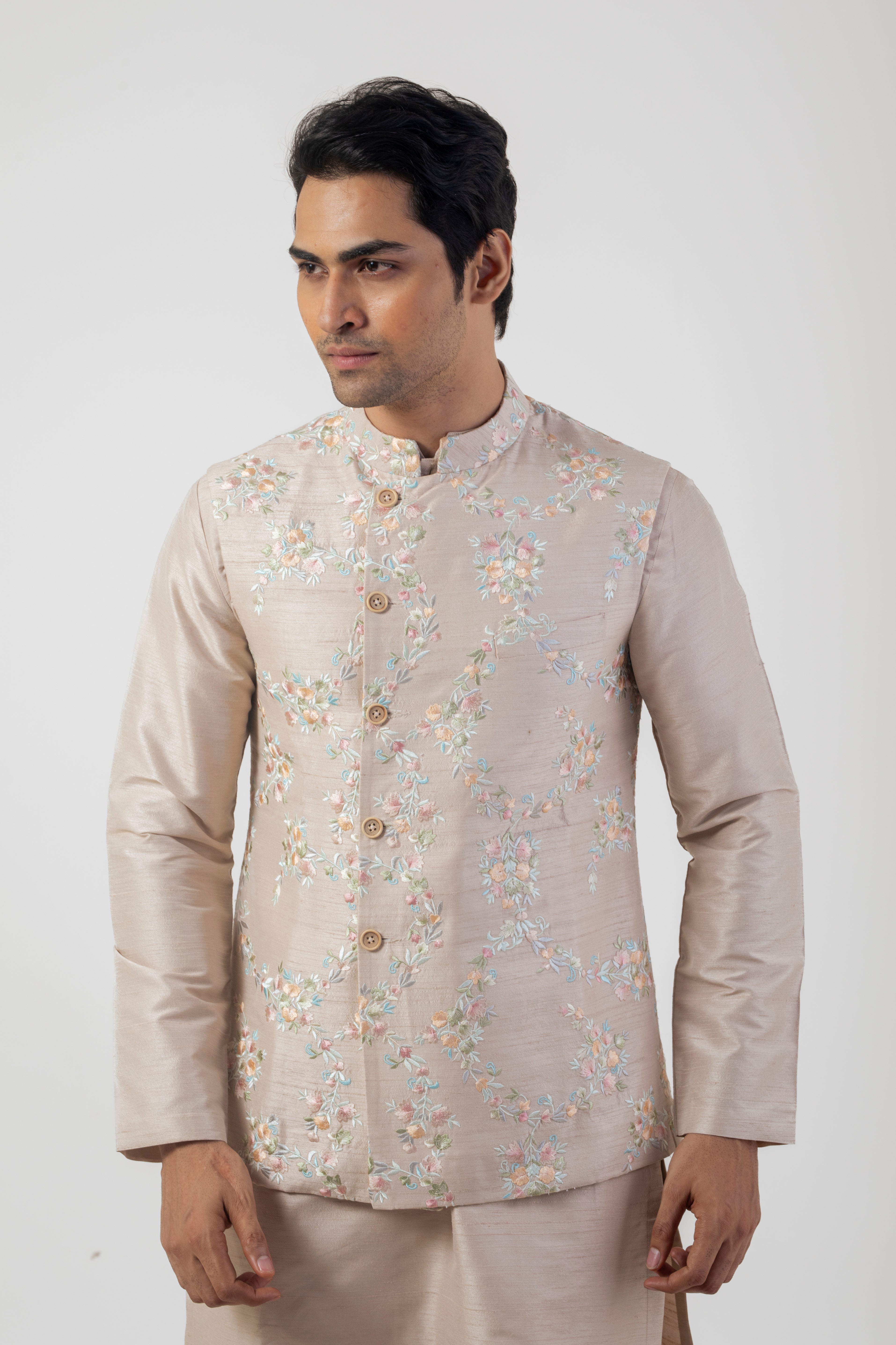 Soft Brown Resham Embroidered Kurta Pajama with Bundi