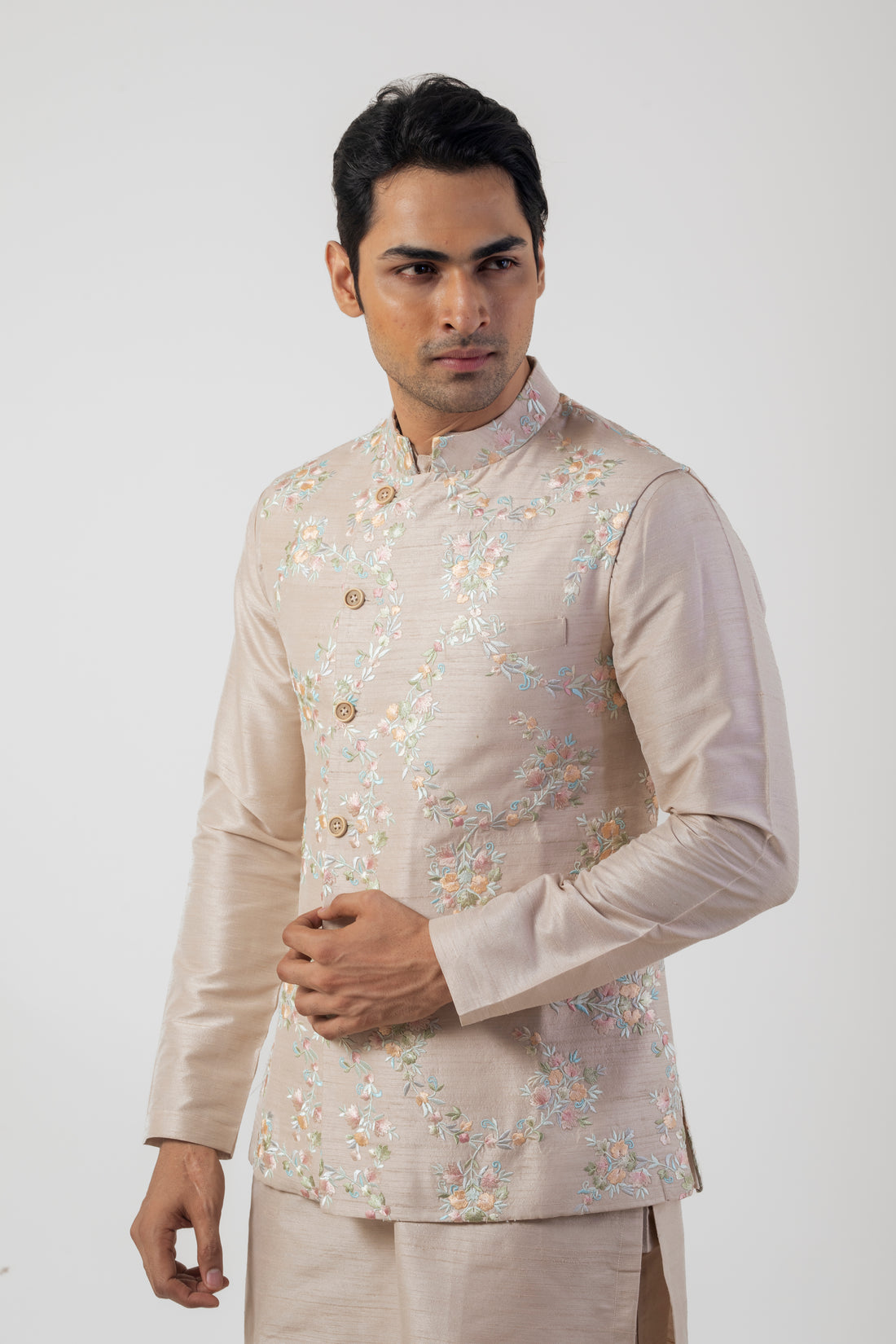 Soft Brown Resham Embroidered Kurta Pajama with Bundi