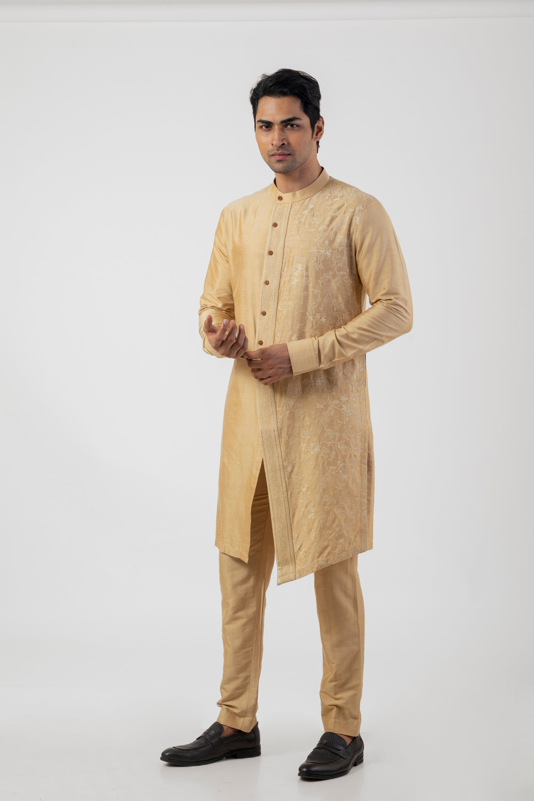 Light Gold Long Kurta for Men with Embroidery Work