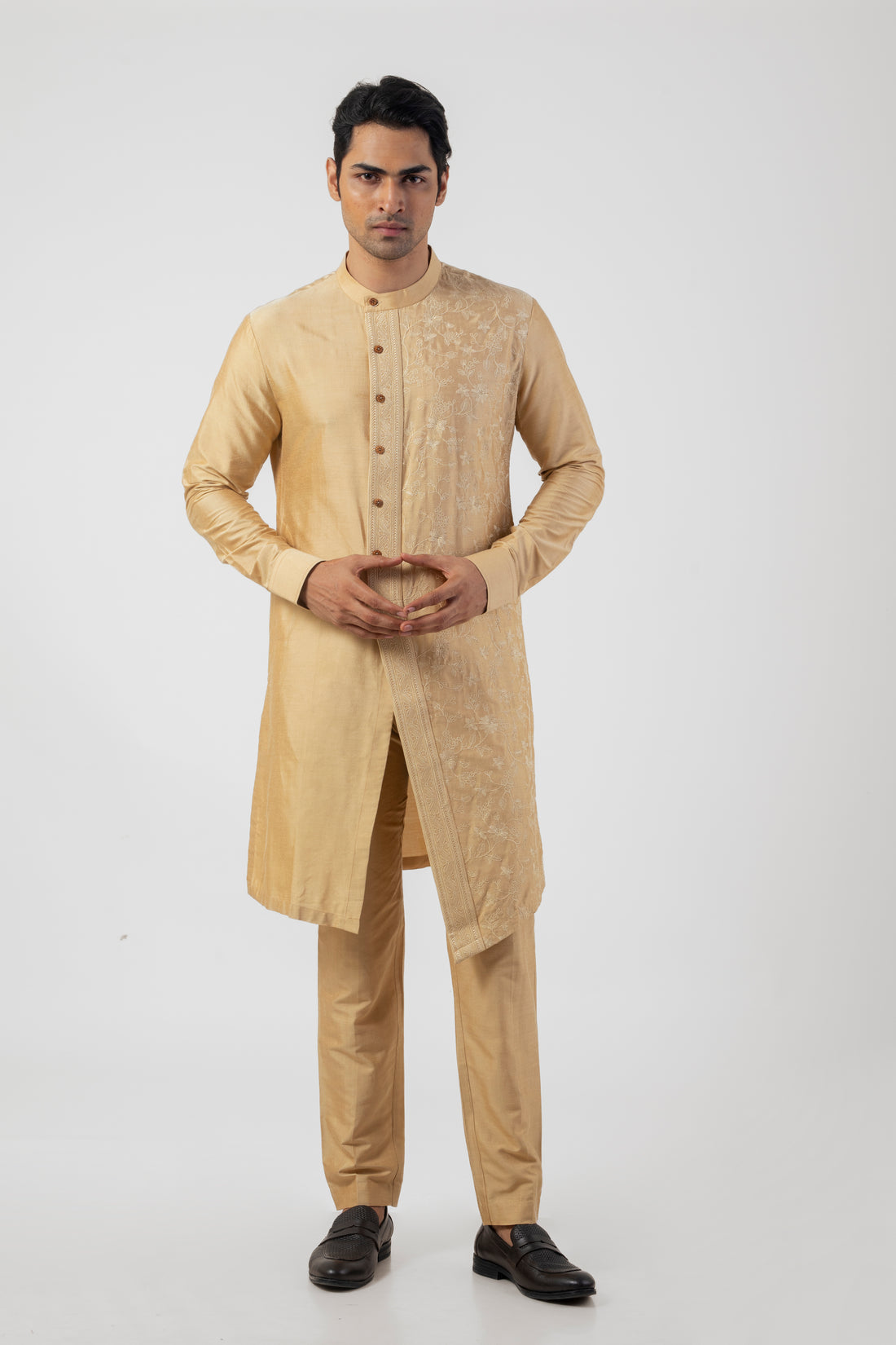 Light Gold Long Kurta for Men with Embroidery Work