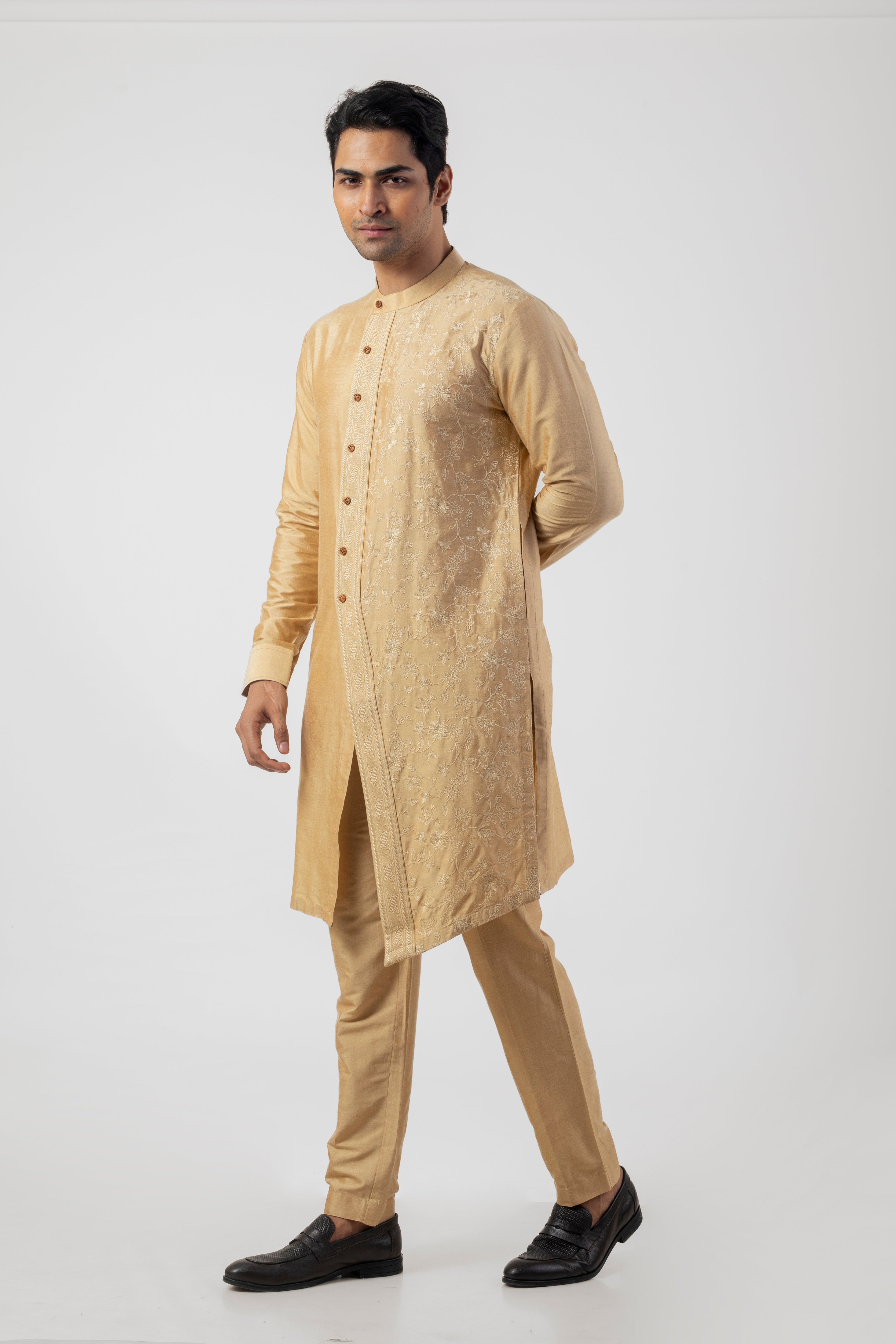 Light Gold Long Kurta for Men with Embroidery Work