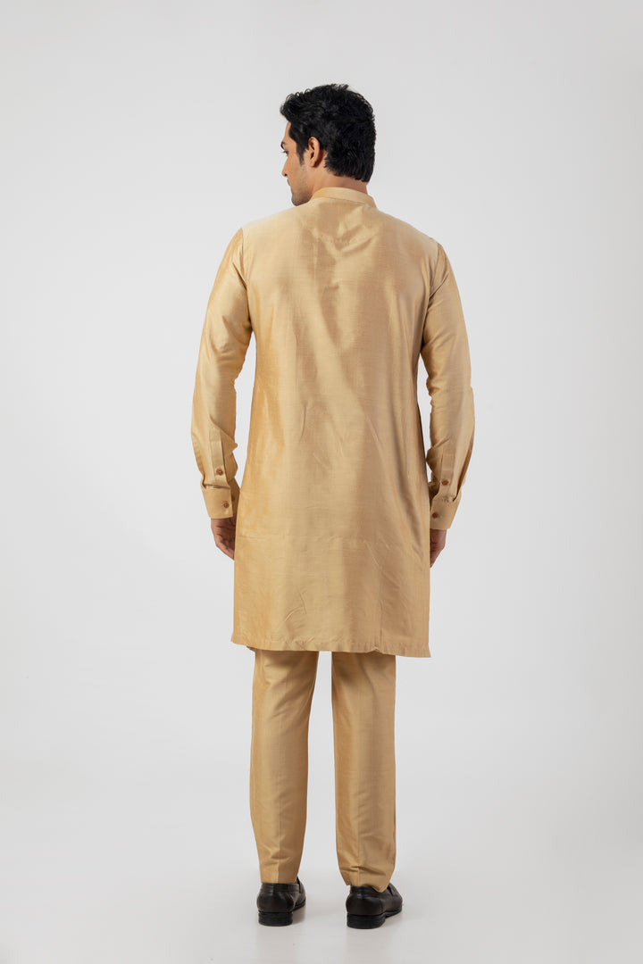 Light Gold Long Kurta for Men with Embroidery Work