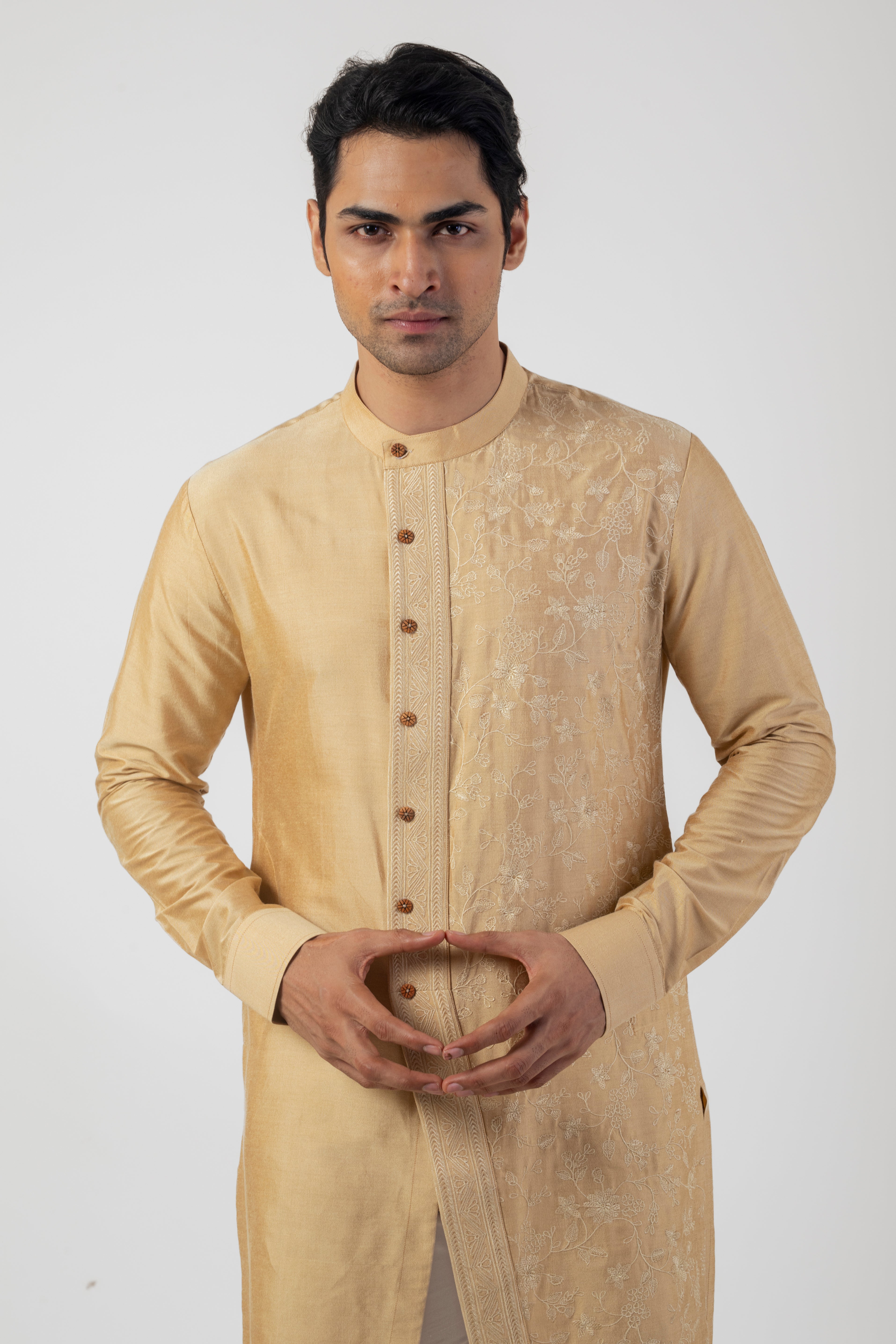 Light Gold Long Kurta for Men with Embroidery Work