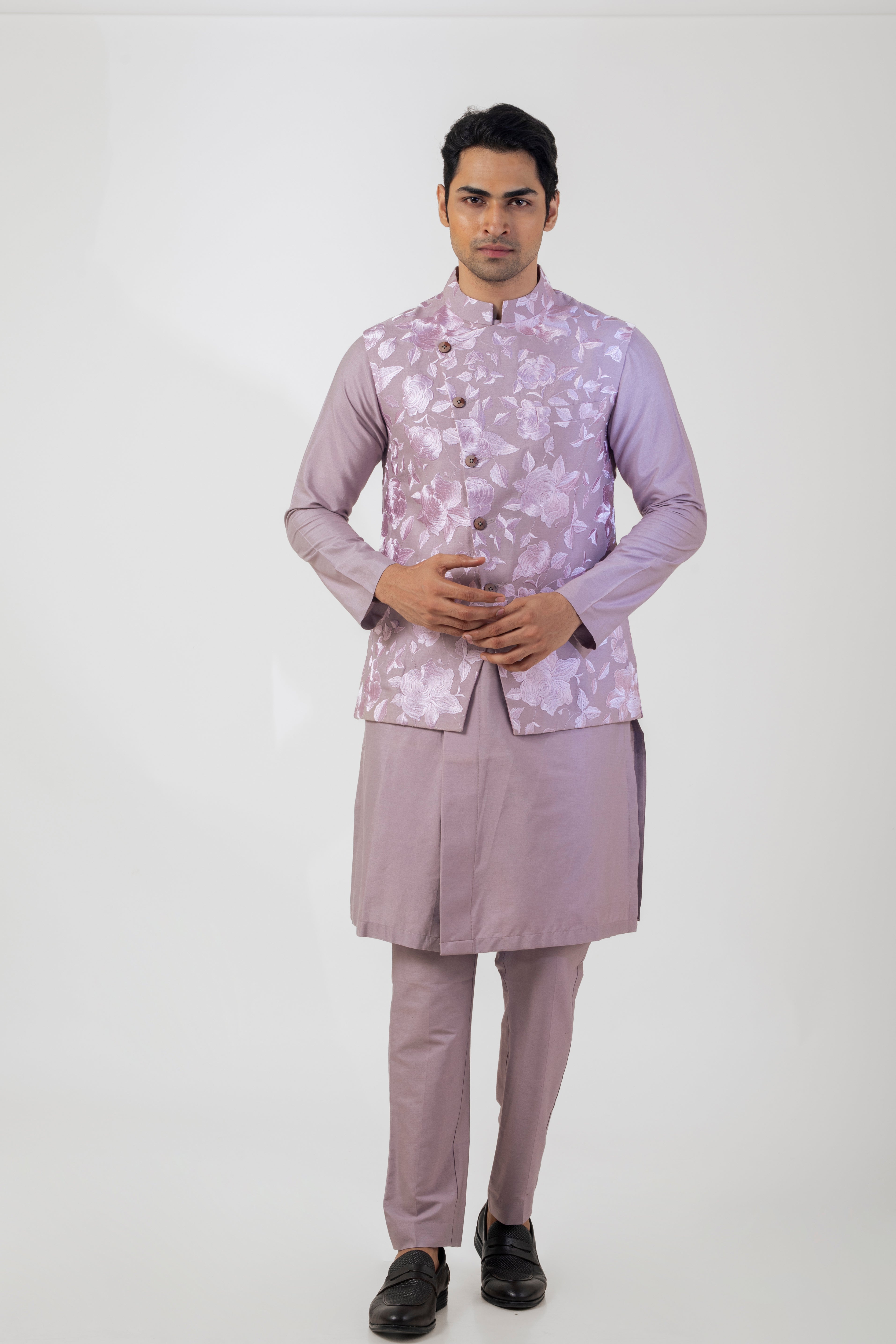 Lavender Majesty Katan Silk Kurta Set with Nehru Jacket