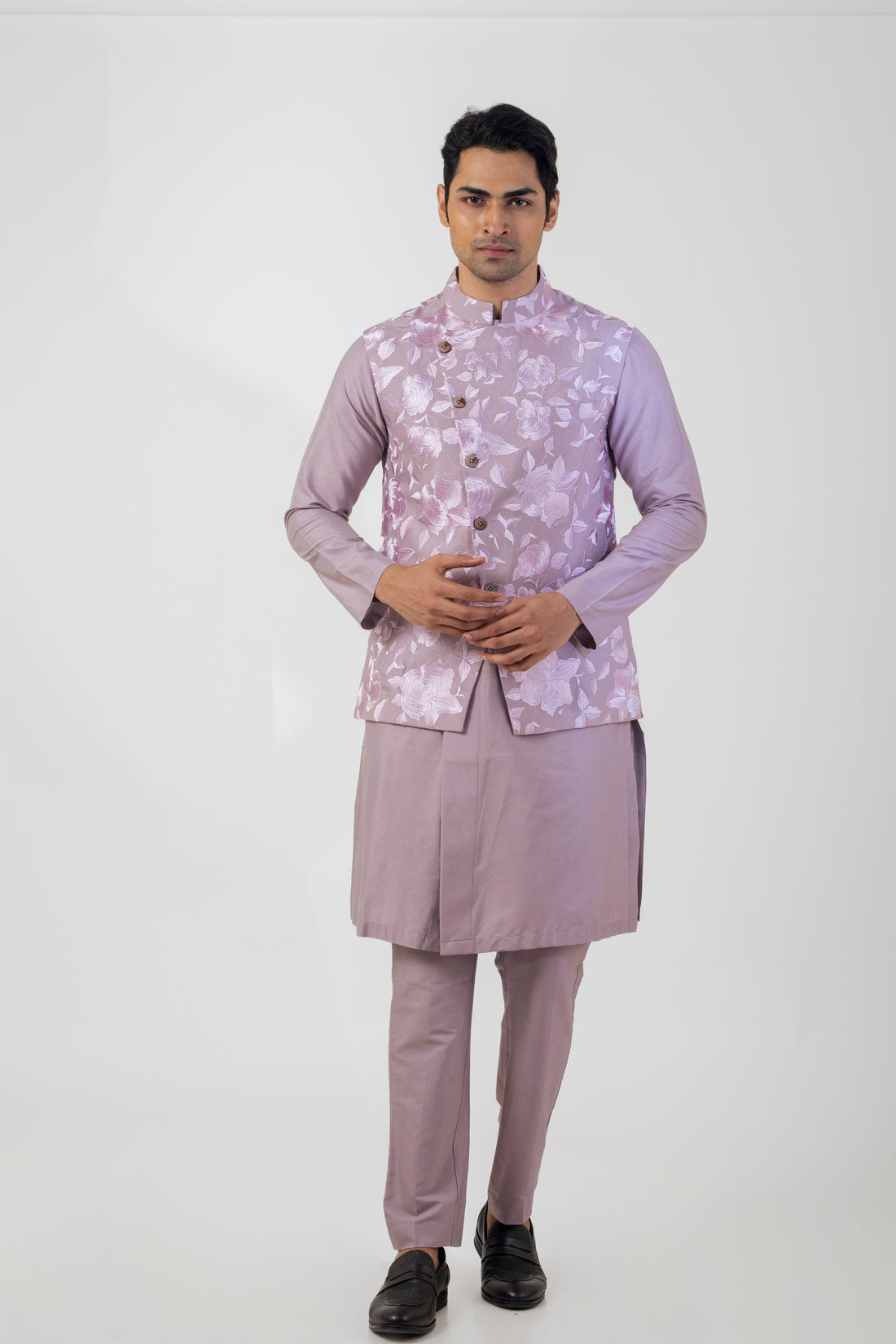 Mauve Designer Nehru Jacket Set with Kurta and Straight-Fit Trousers