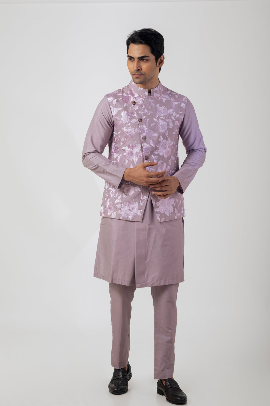 Mauve Designer Nehru Jacket Set with Kurta and Straight-Fit Trousers