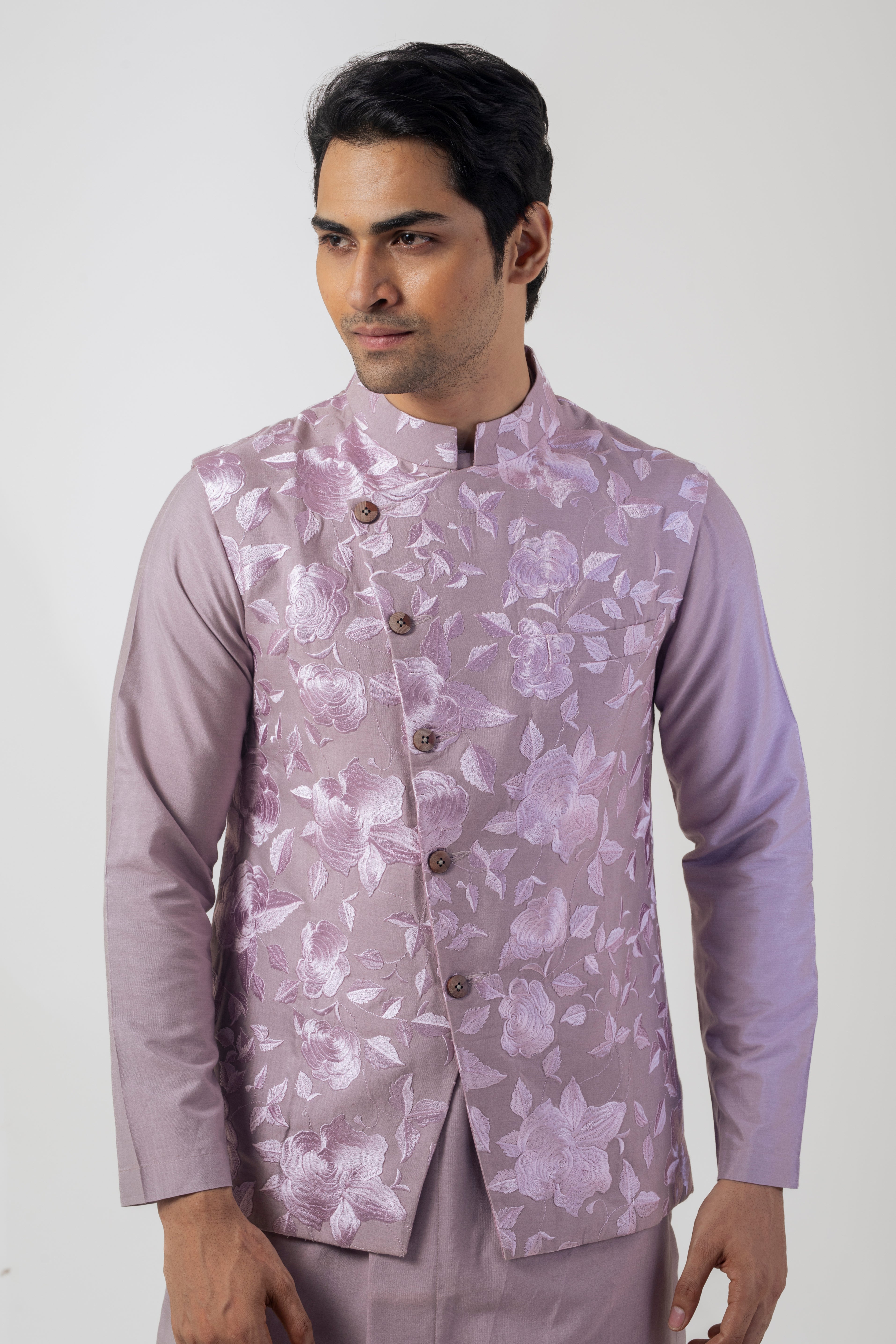 Mauve Designer Nehru Jacket Set with Kurta and Straight-Fit Trousers