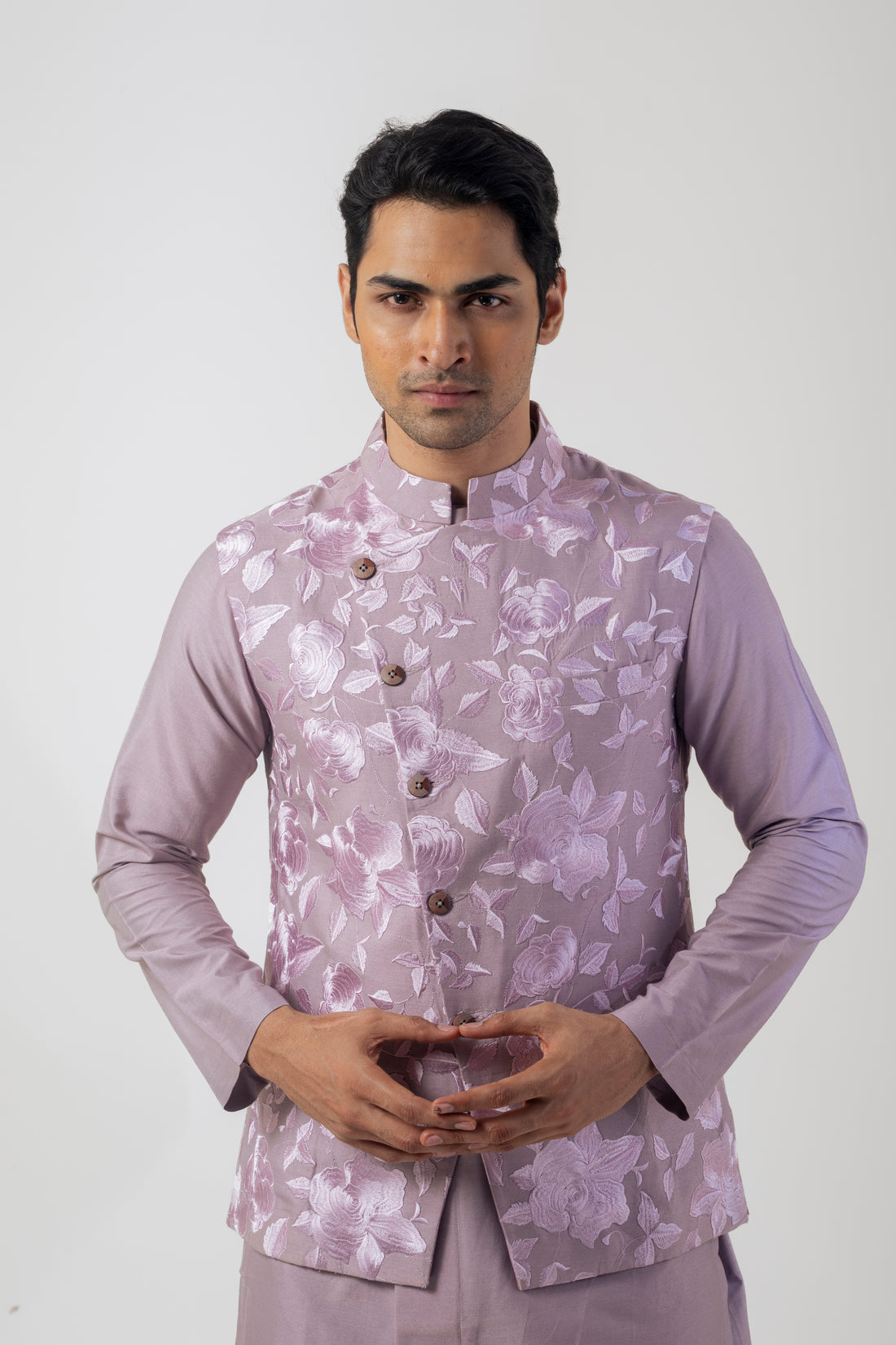 Mauve Designer Nehru Jacket Set with Kurta and Straight-Fit Trousers