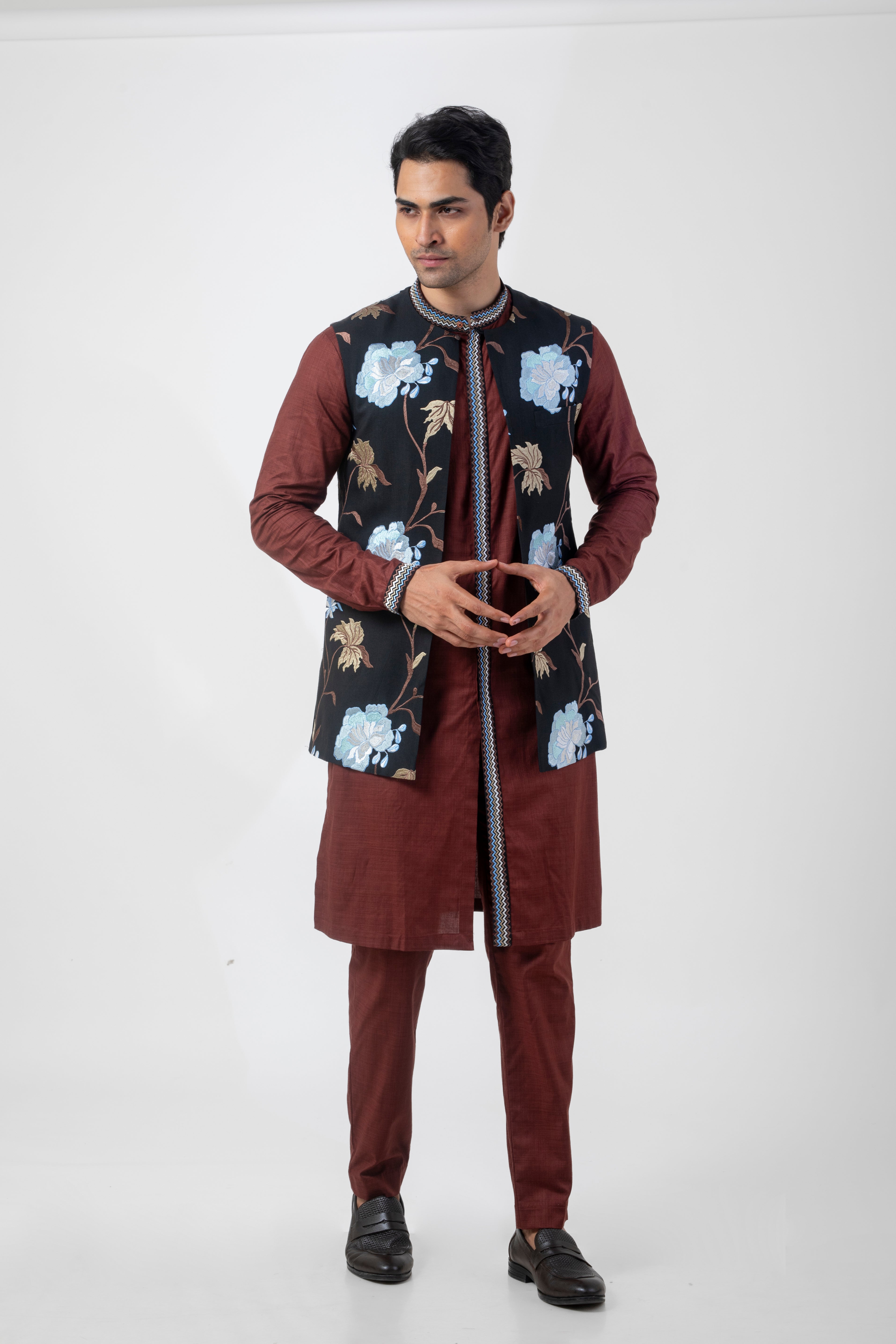 Black and Brown Floral Nehru Jacket Kurta Set for Men