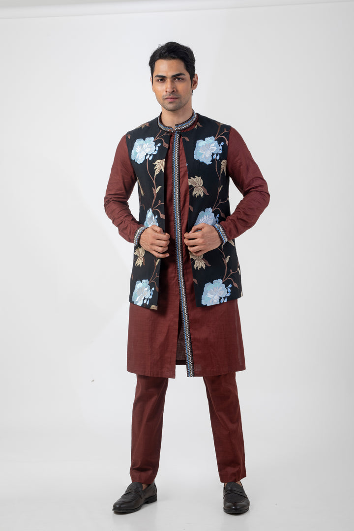 Black and Brown Floral Nehru Jacket Kurta Set for Men