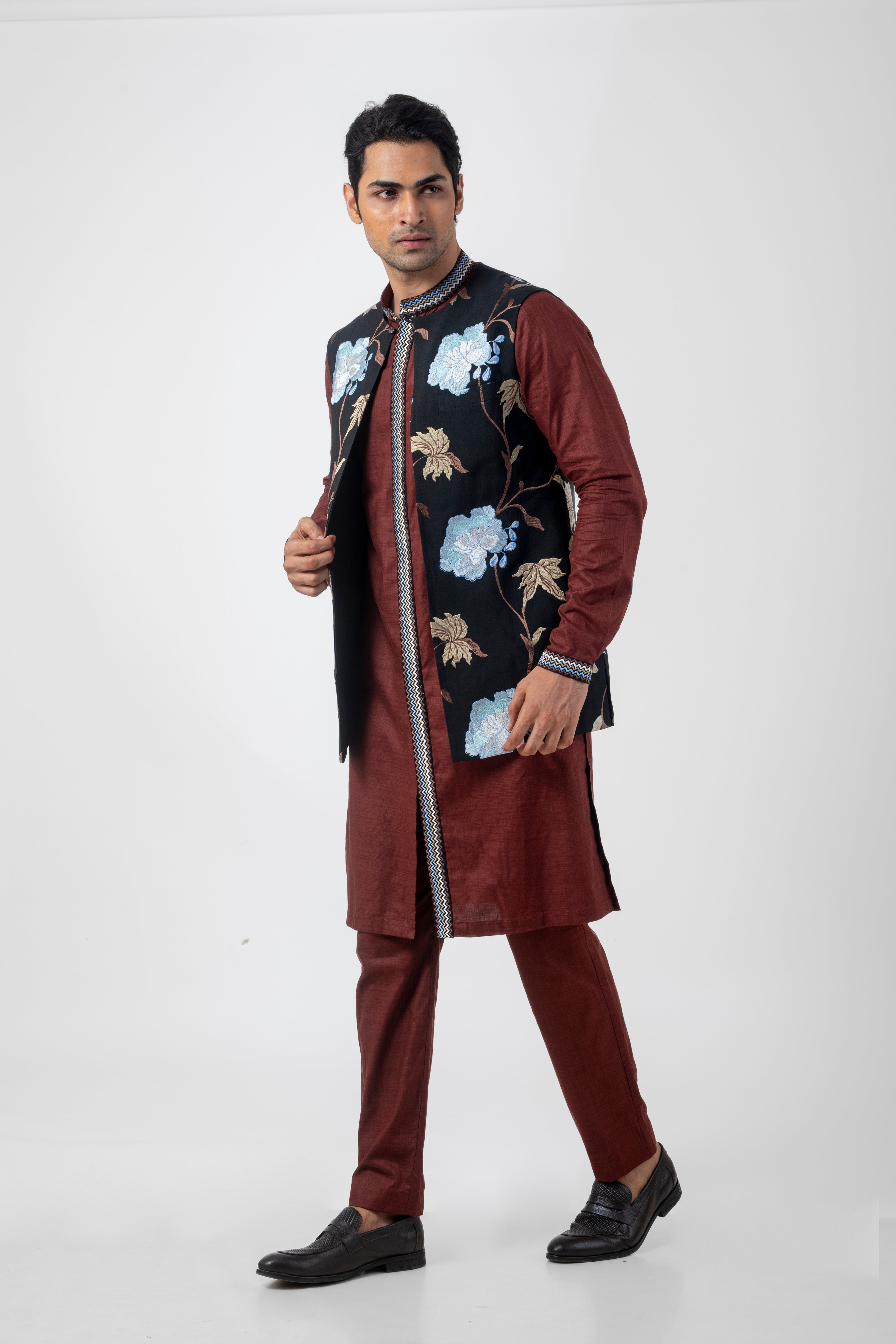 Brown & Black Katan Silk Kurta Set with Embroidered Nehru Jacket