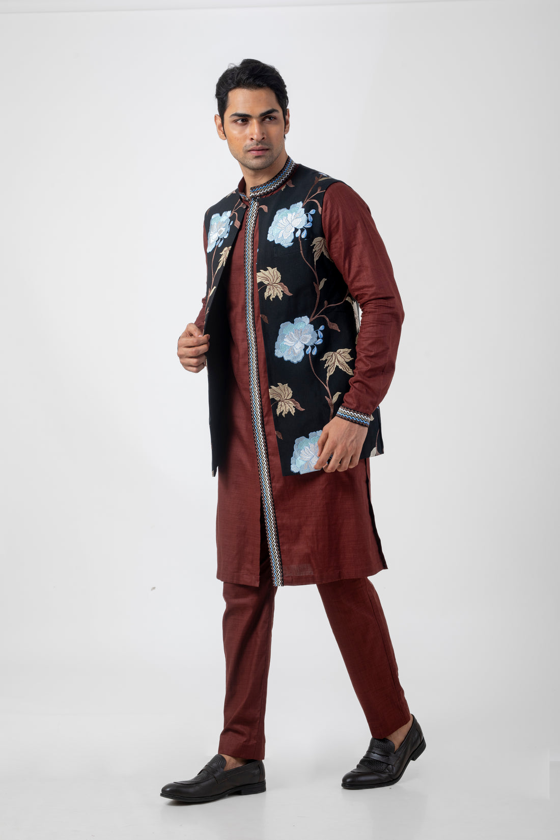 Black and Brown Floral Nehru Jacket Kurta Set for Men