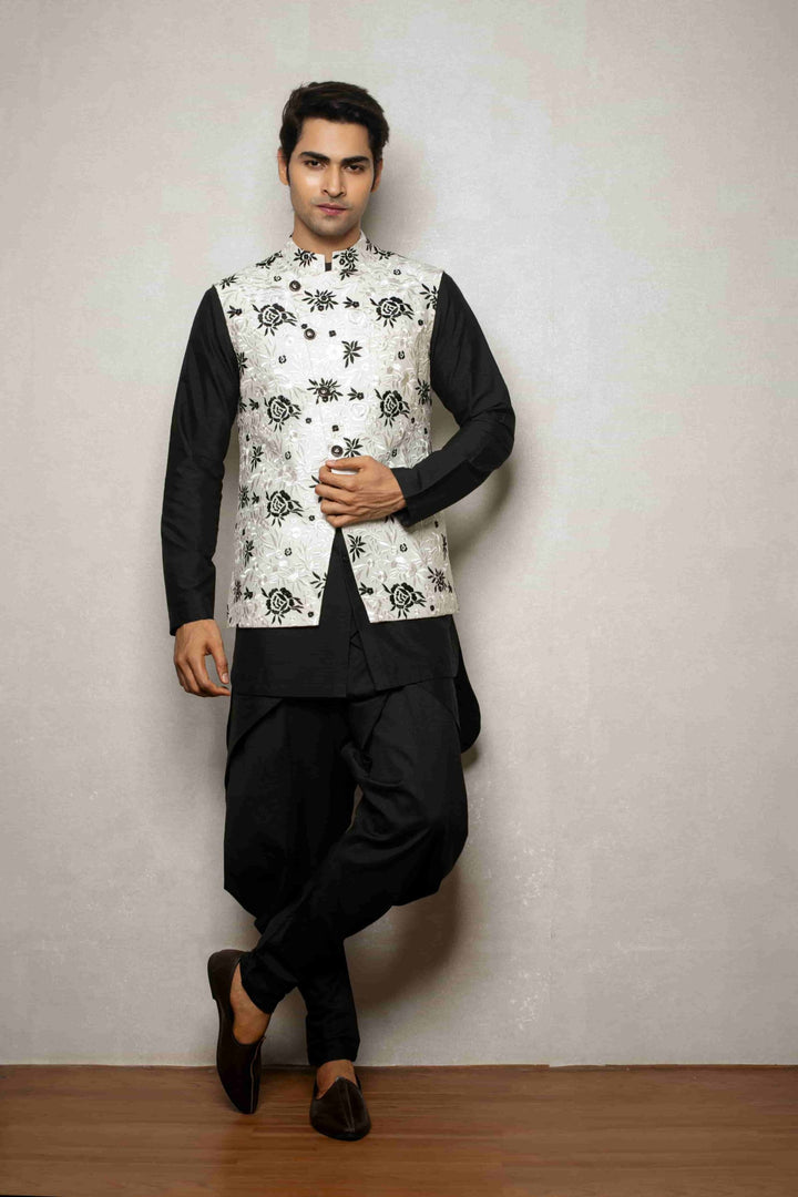 Black Silk Kurta Set White Jacket