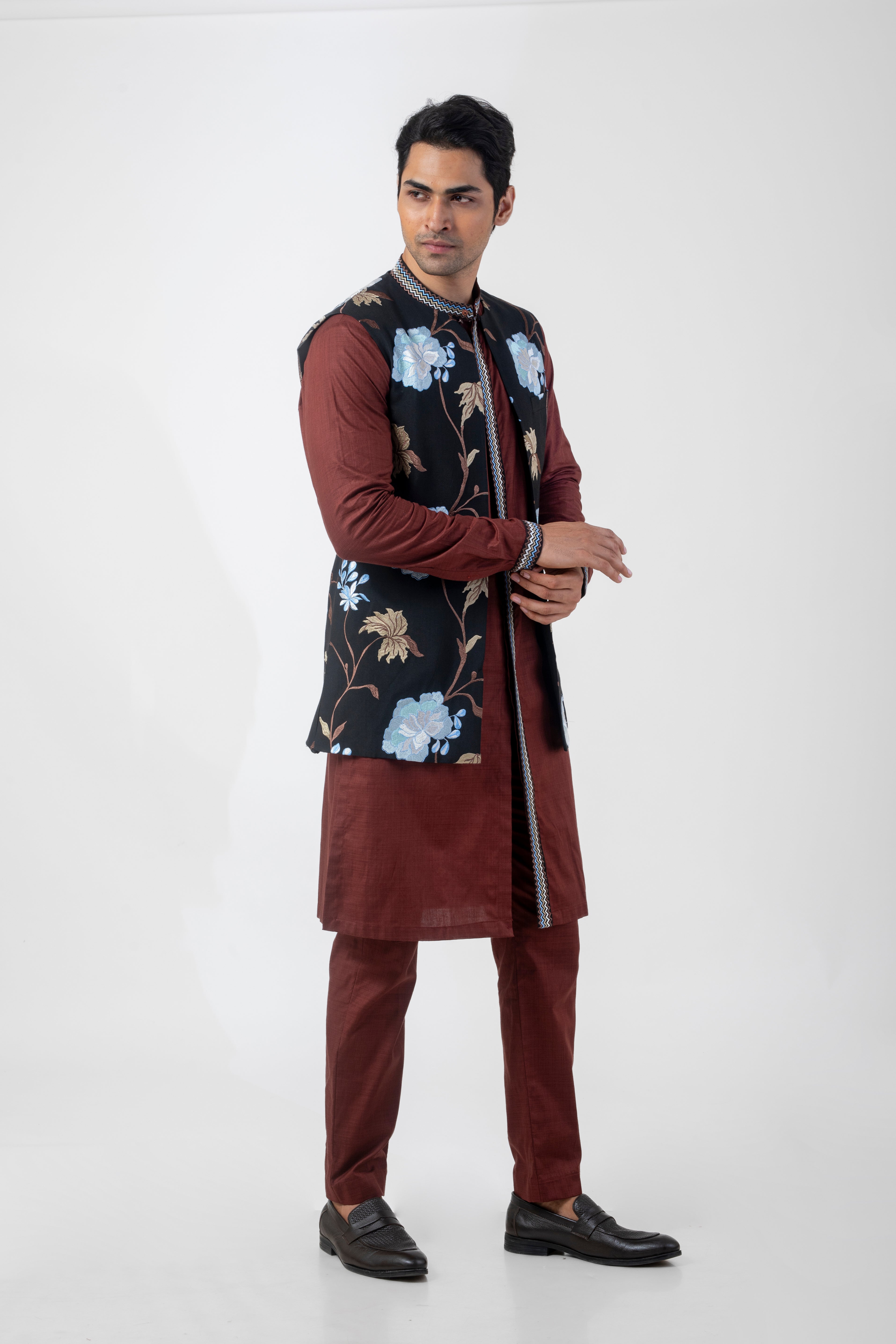 Brown & Black Katan Silk Kurta Set with Embroidered Nehru Jacket