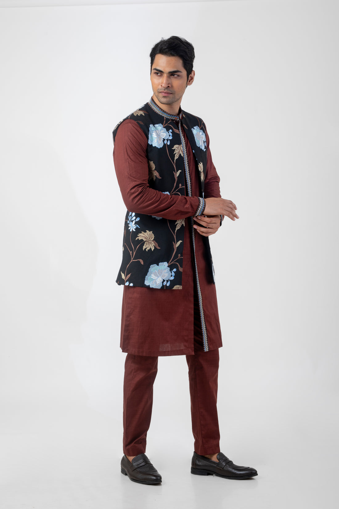 Black and Brown Floral Nehru Jacket Kurta Set for Men