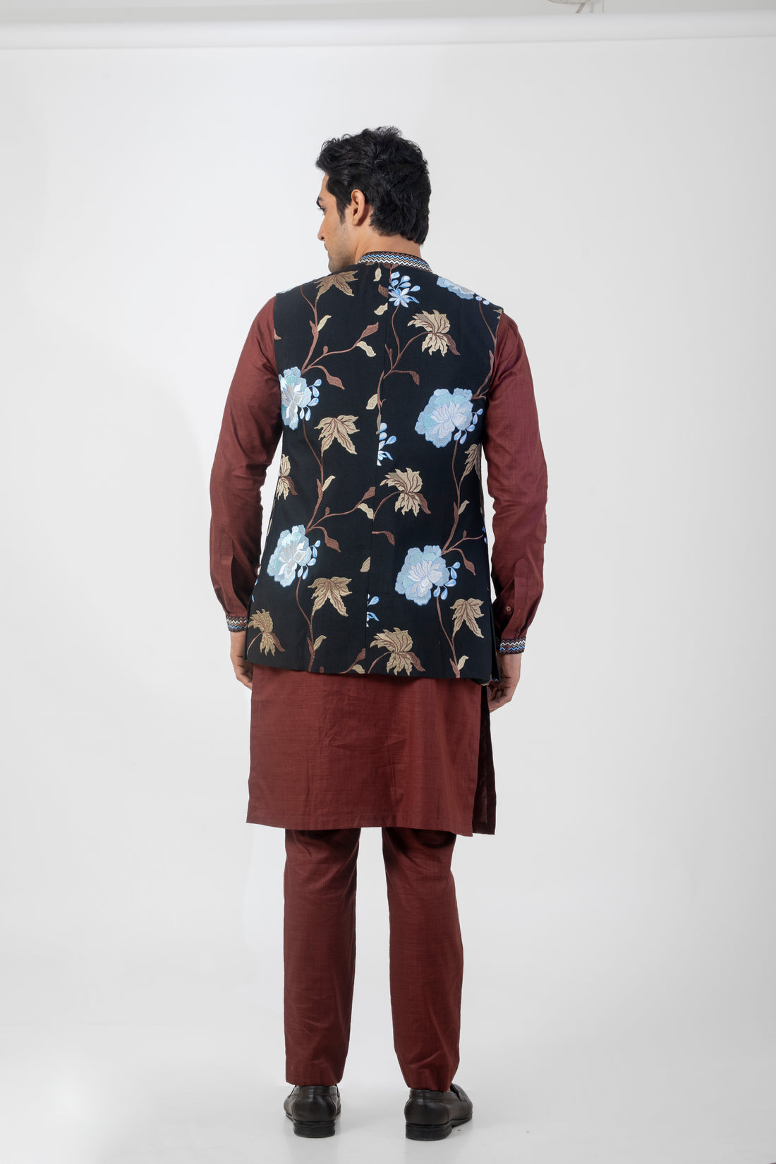 Black and Brown Floral Nehru Jacket Kurta Set for Men