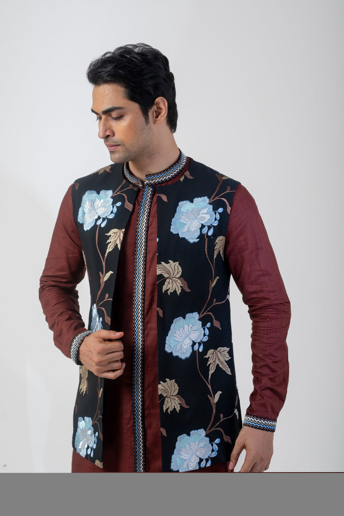 Black and Brown Floral Nehru Jacket Kurta Set for Men