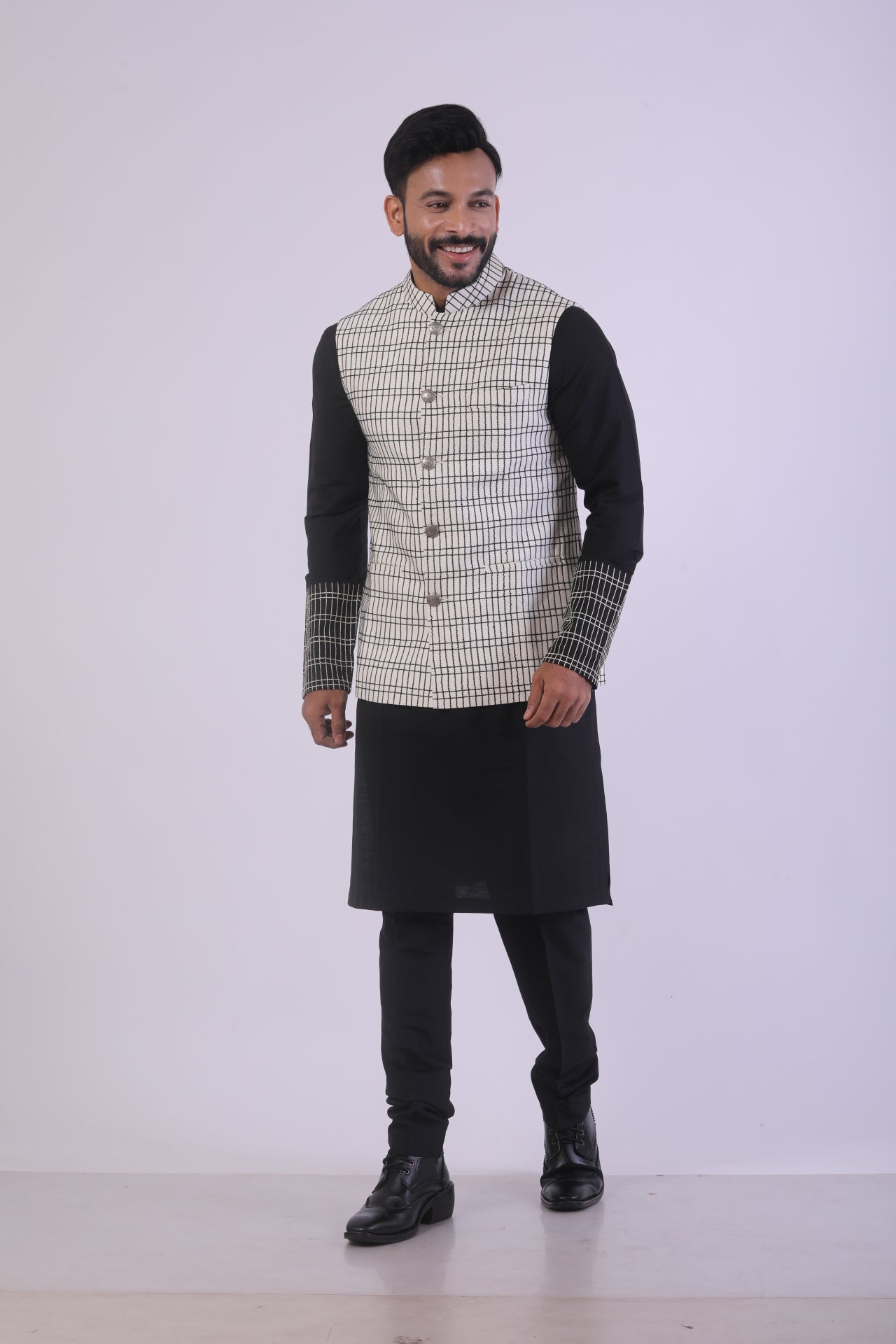 Off-White & Black Katan Silk Kurta Set with Nehru Jacket