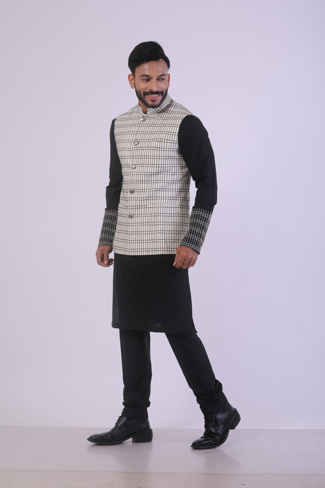 Off-White & Black Katan Silk Kurta Set with Nehru Jacket