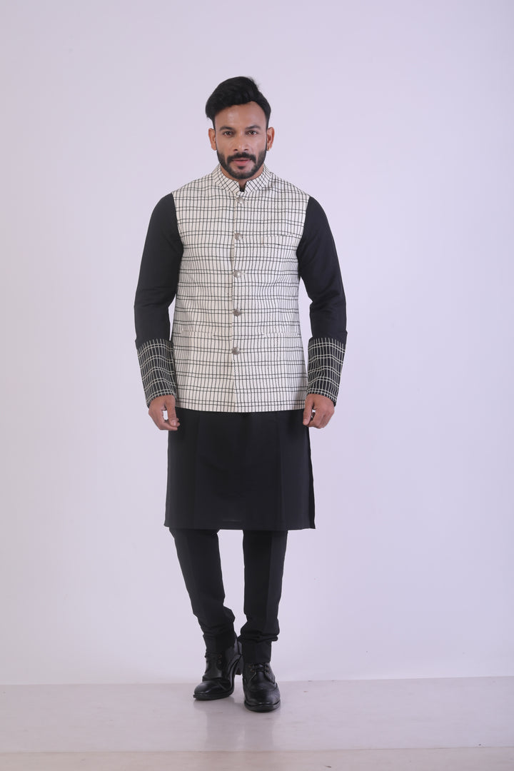Off-White & Black Katan Silk Kurta Set with Nehru Jacket