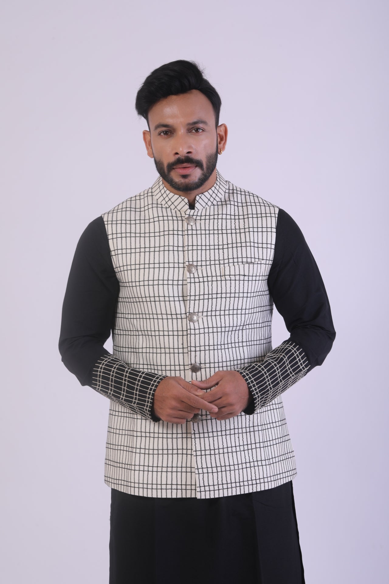 Off-White & Black Katan Silk Kurta Set with Nehru Jacket