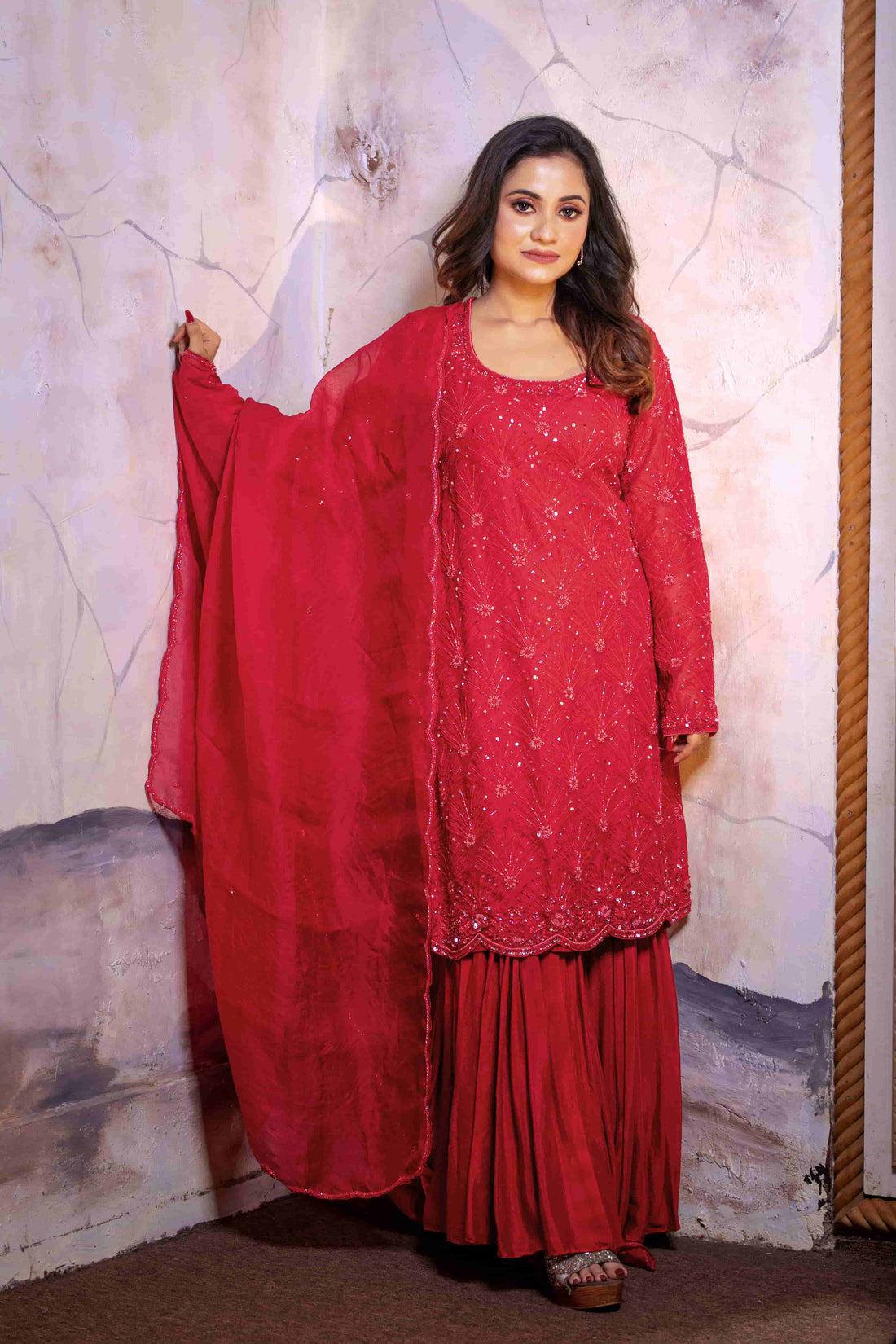 Red Organza Sharara Set Handwork Ensemble