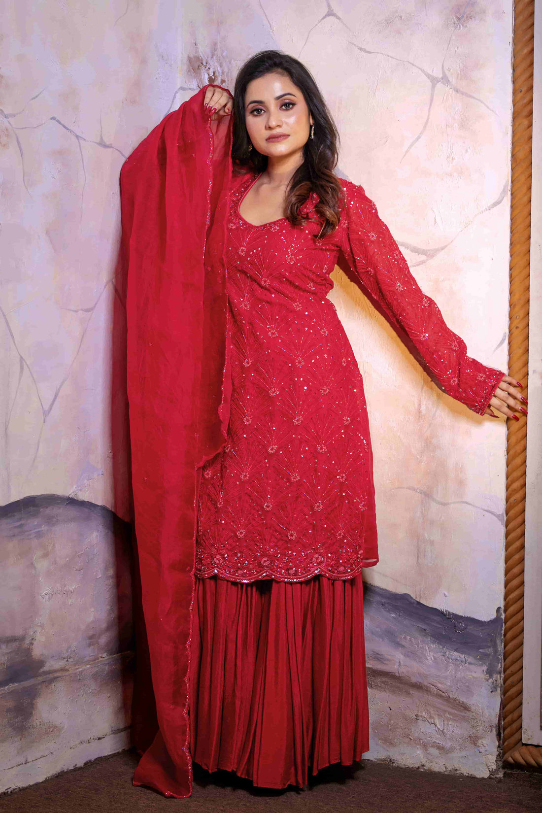 Red Organza Sharara Set Handwork Ensemble