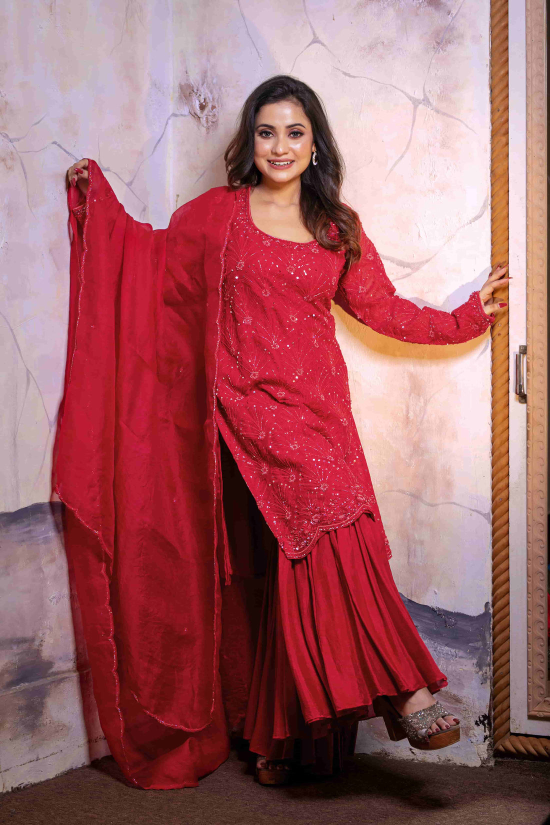 Red Organza Sharara Set Handwork Ensemble