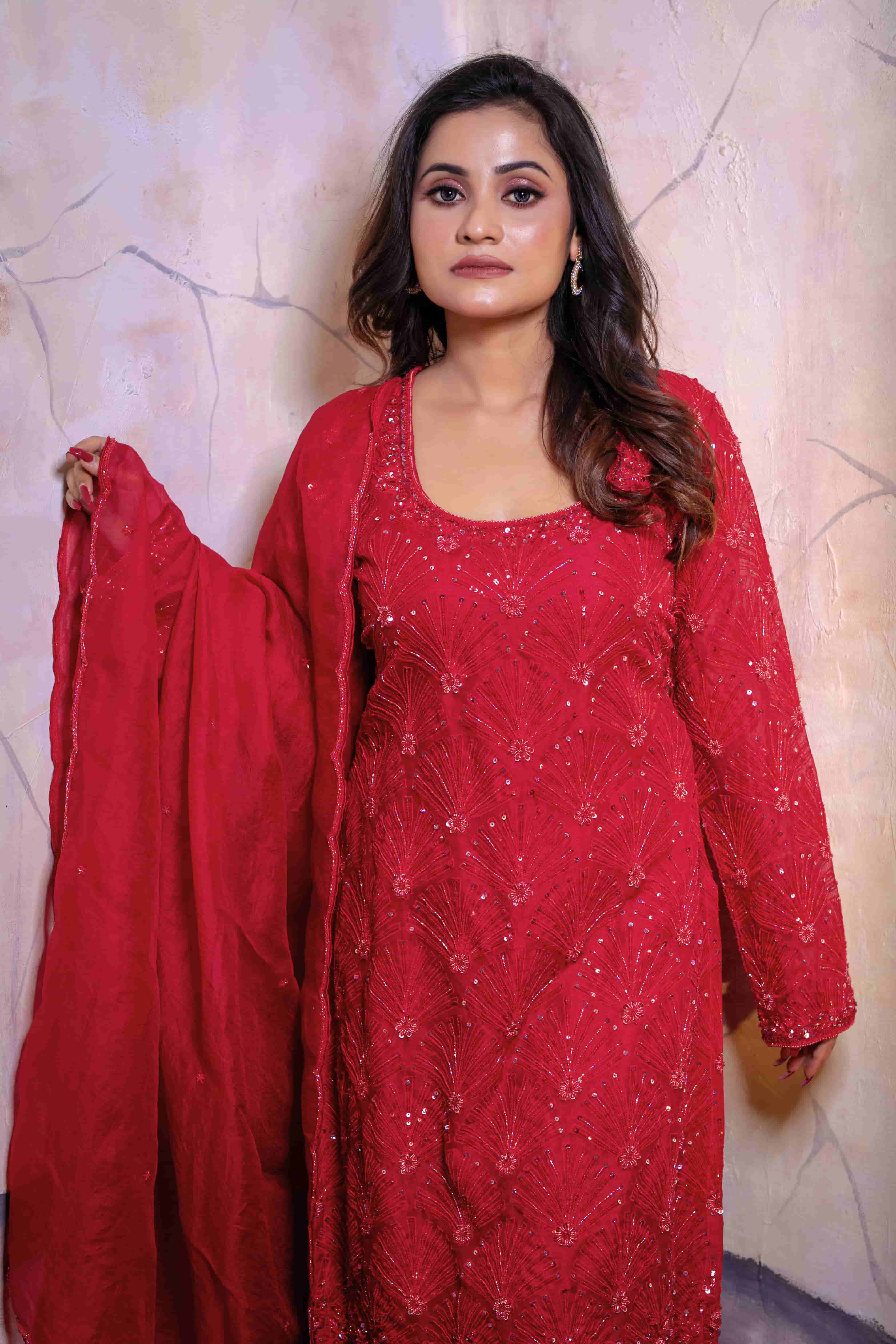 Affifa Red Organza Kurta Sharara Set with Dupatta