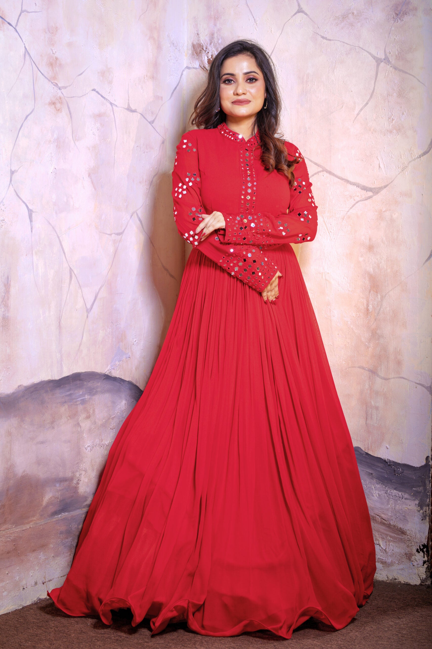 Elegant Red Mirror Work Gown