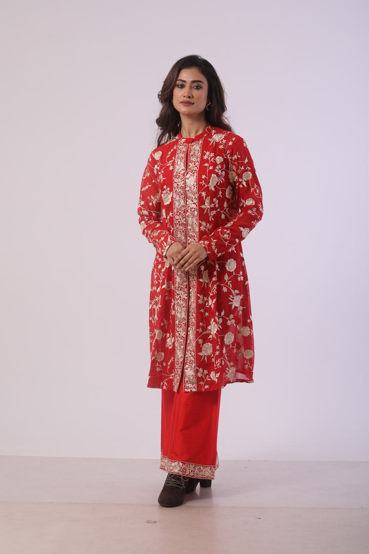 Red Viscose Embroidered Co-ord Set with Bustier and Jacket