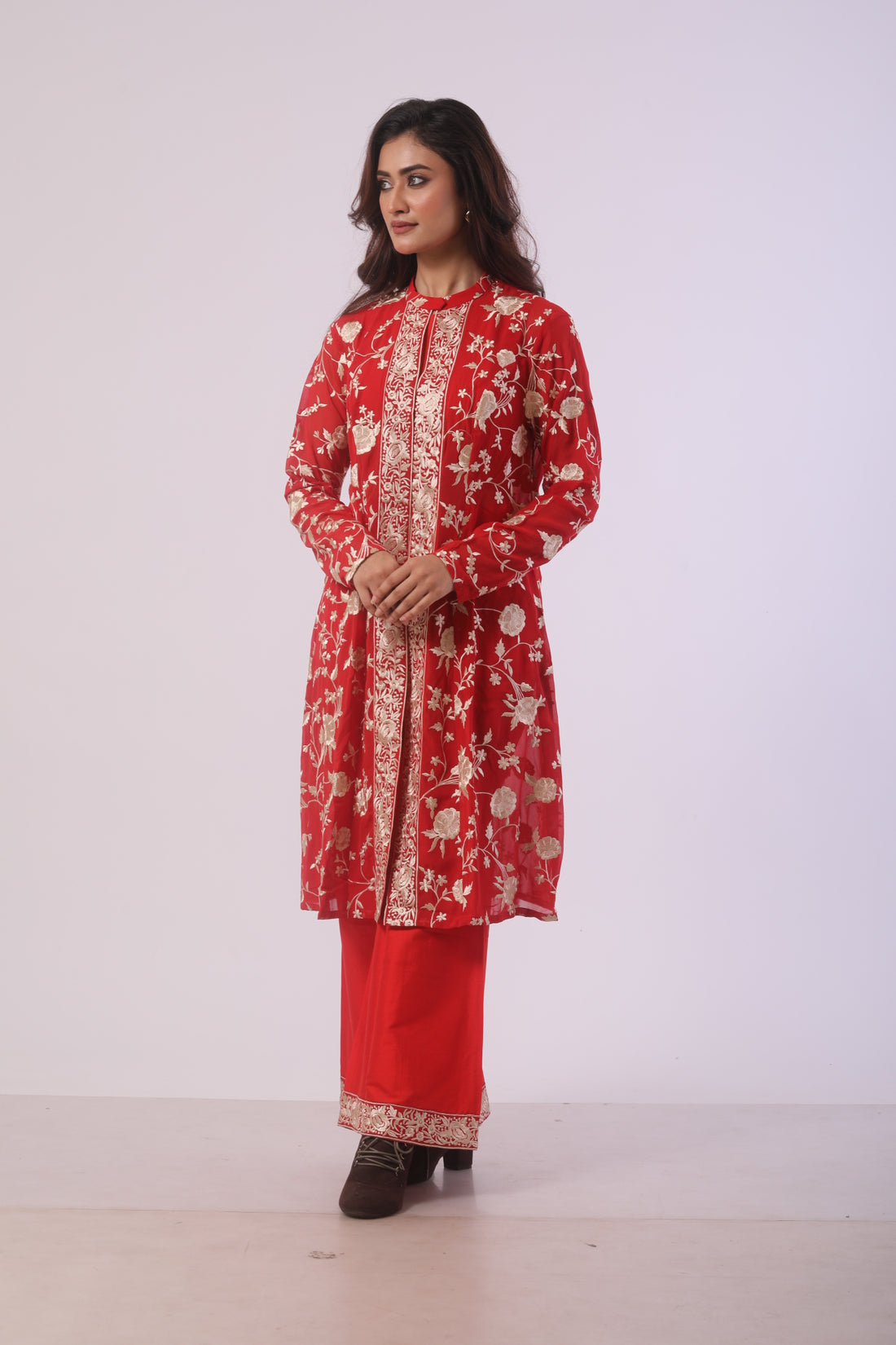 Red Viscose Embroidered Co-ord Set with Bustier and Jacket